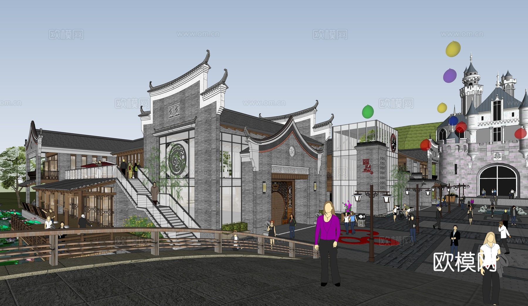 中式商业街 古镇街道 仿古街su模型