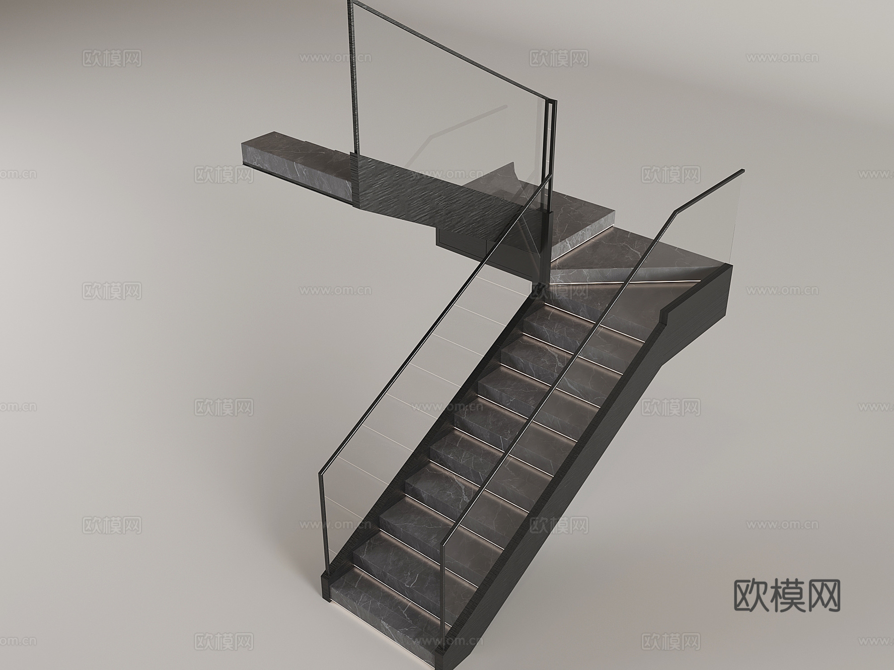 意式楼梯护栏扶手 玻璃楼梯台阶梯级 室内转角玻璃楼梯3d模型