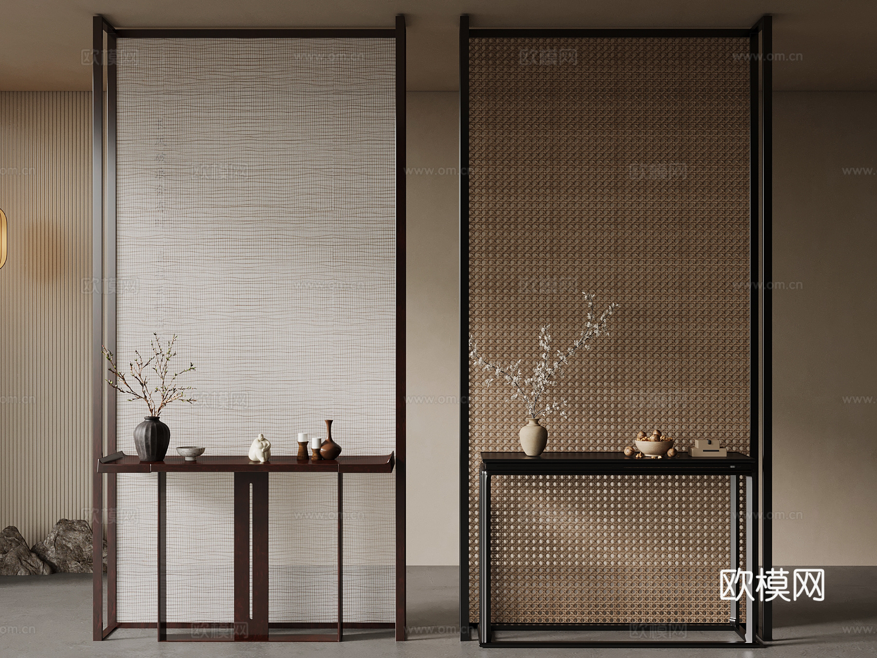 新中式玄关隔断 屏风 条案 端景柜 饰品摆件3d模型