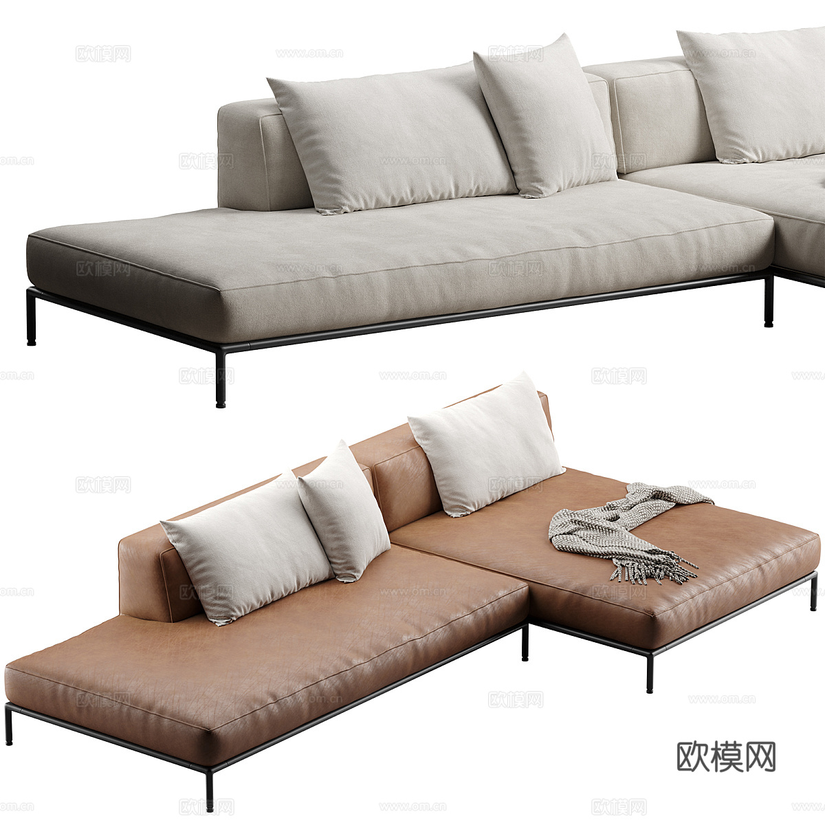 现代意式柔性布艺皮革转角沙发3d模型