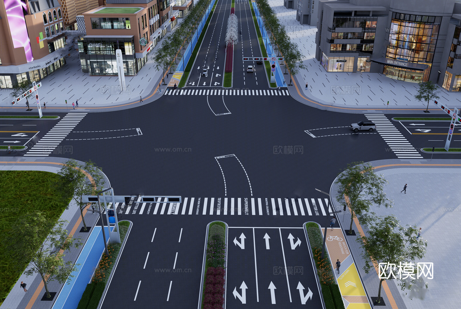 现代道路 十字路口 交通导流线su模型