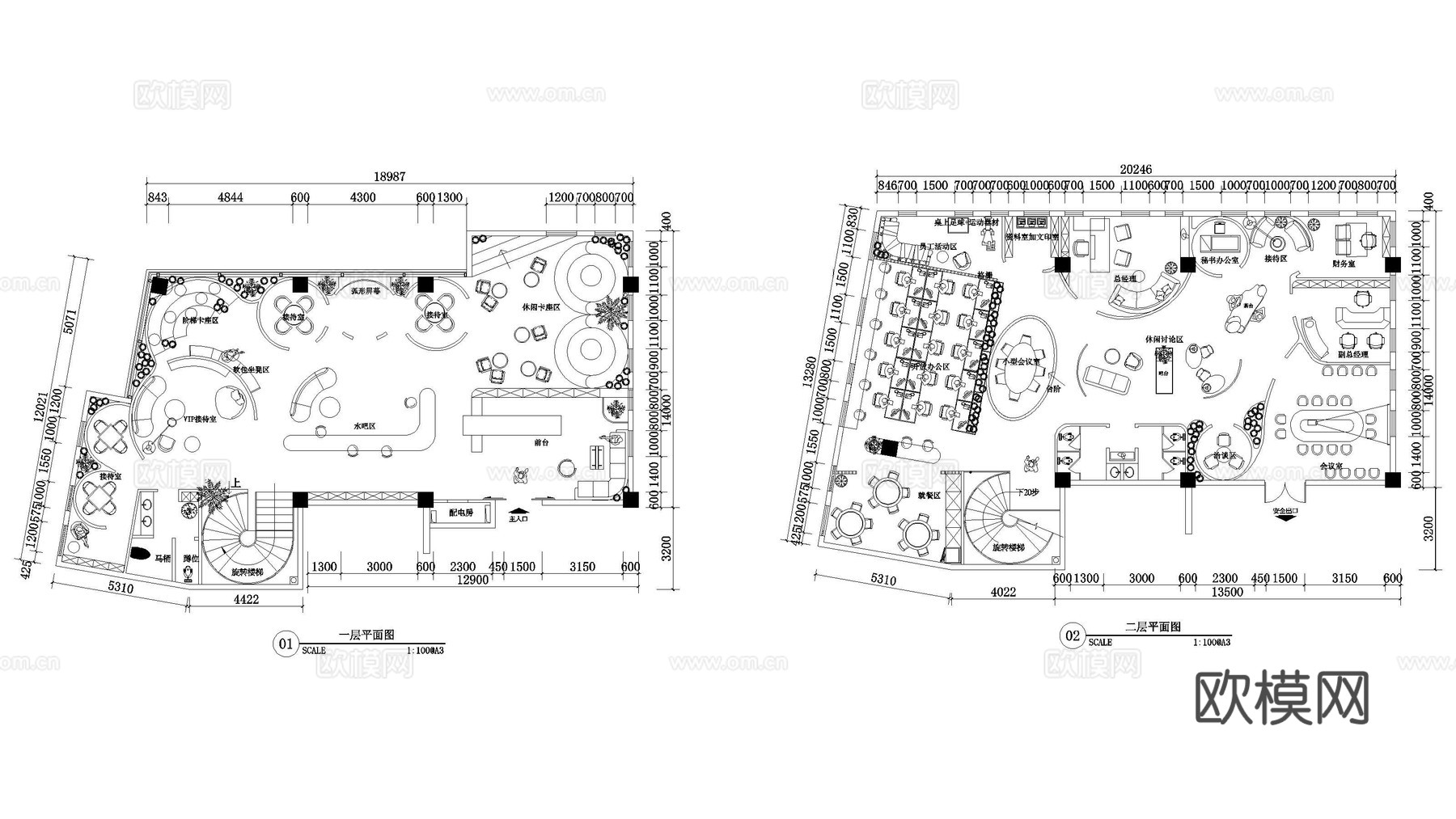 两层办公室平面布置图cad施工图