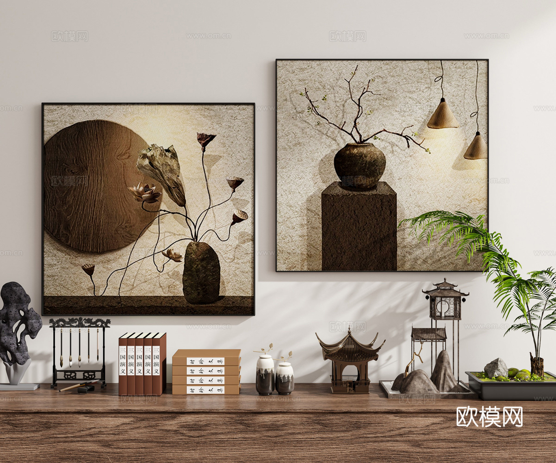 现代新中式禅意中古风侘寂风挂画墙饰装饰画组合陈设品绿植3d模型