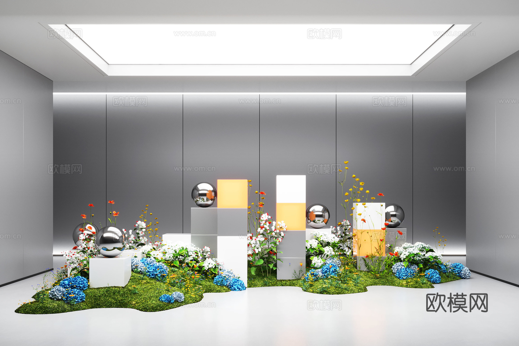 现代室内景观造景 苔藓景观 苔藓造景 金属装置雕塑su模型