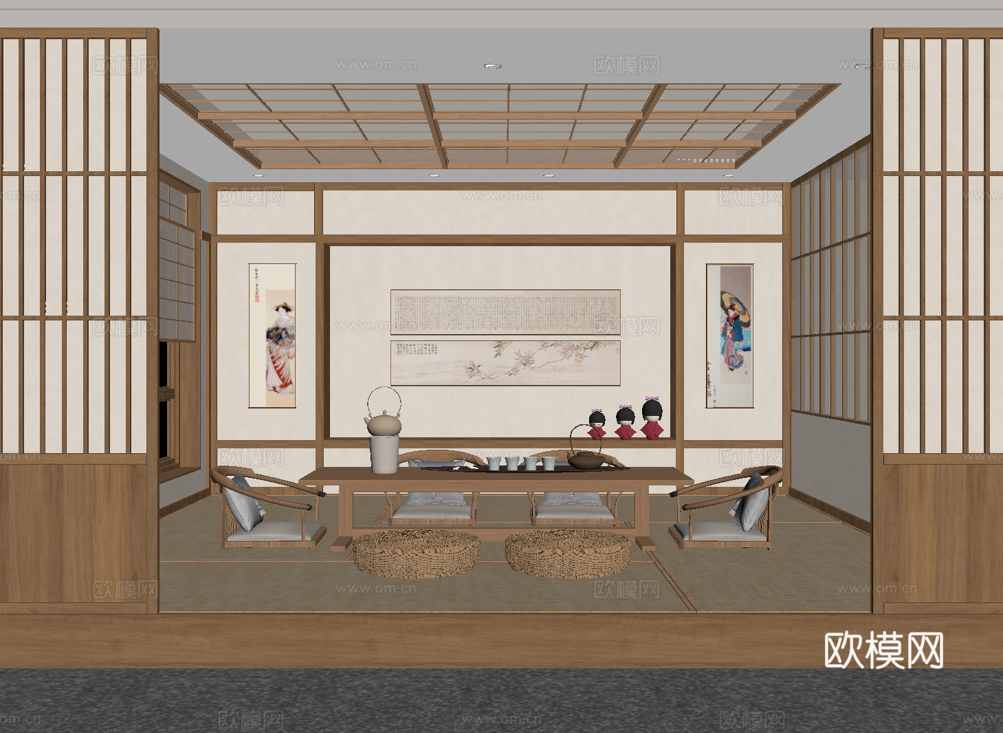 茶室 日式茶室 茶桌椅 装饰挂画su模型