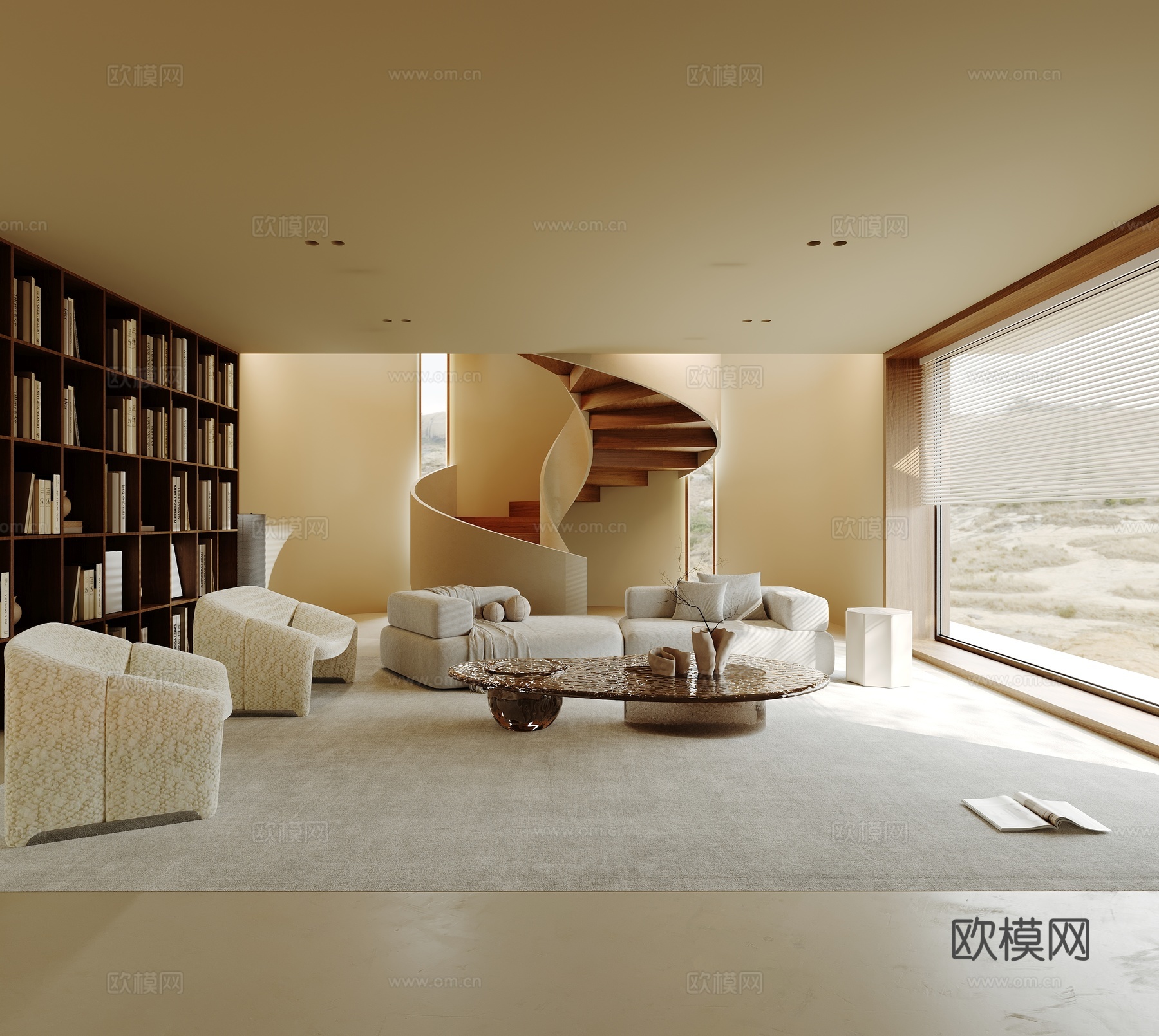 现代海派轻奢风客厅 旋转楼梯 去客厅化 书柜 西厨餐厅su模型