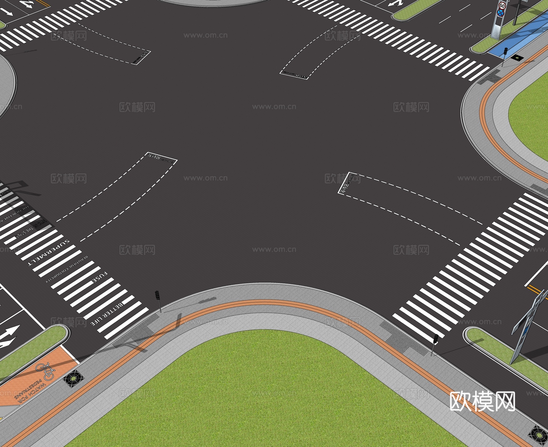 现代道路 十字路口 交通导流线su模型