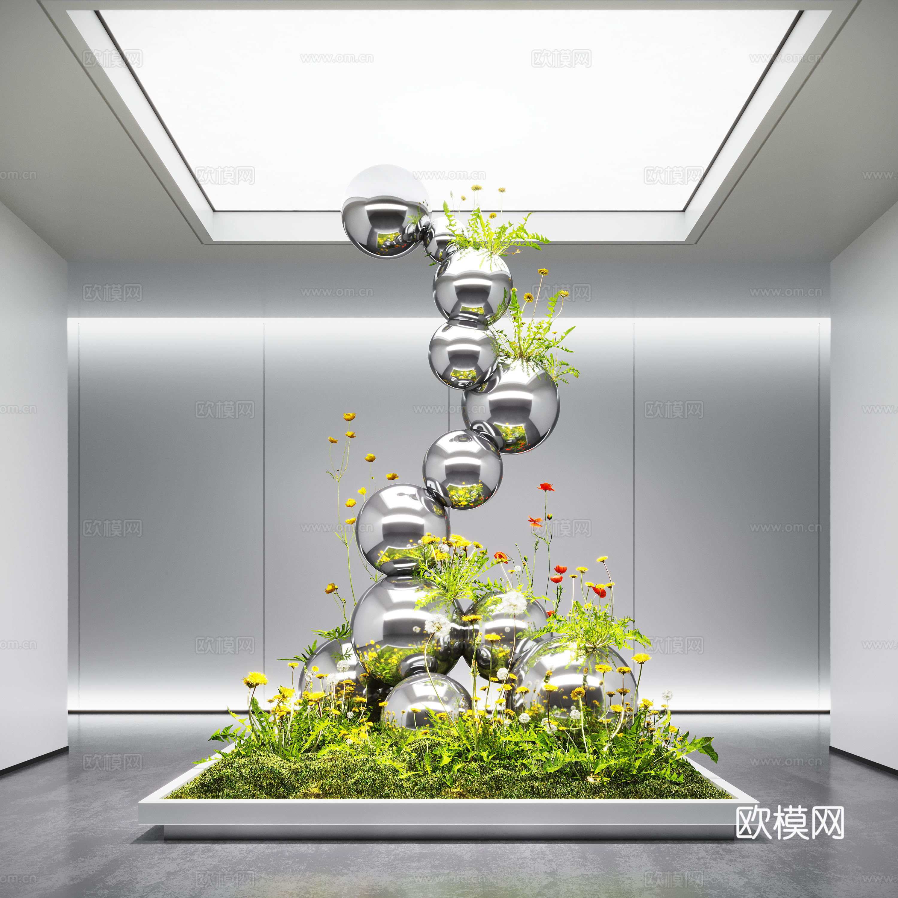 现代室内景观造景 苔藓景观 苔藓造景 金属装置雕塑su模型