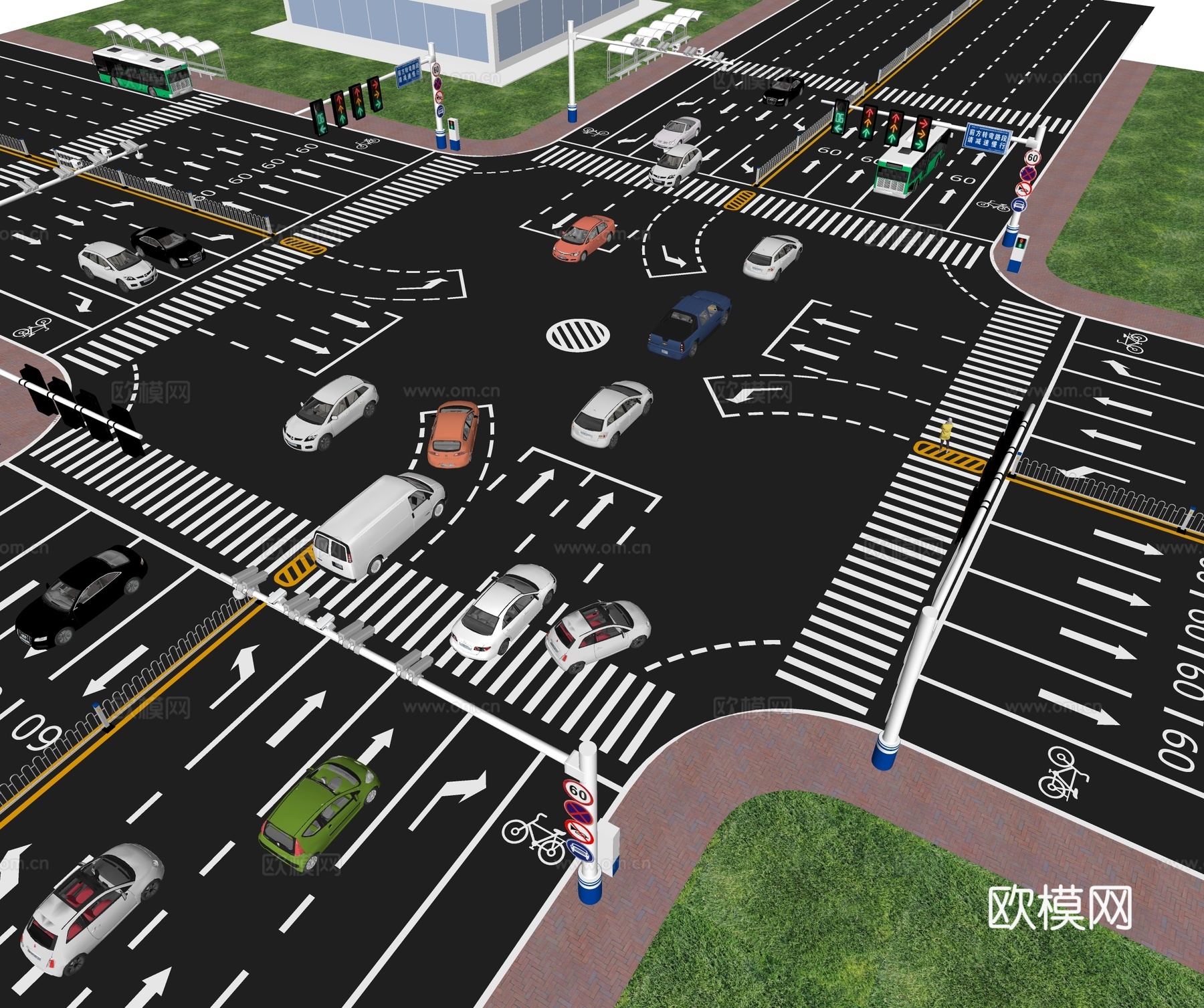 现代道路 十字路口 交通设施 城市道路交通su模型