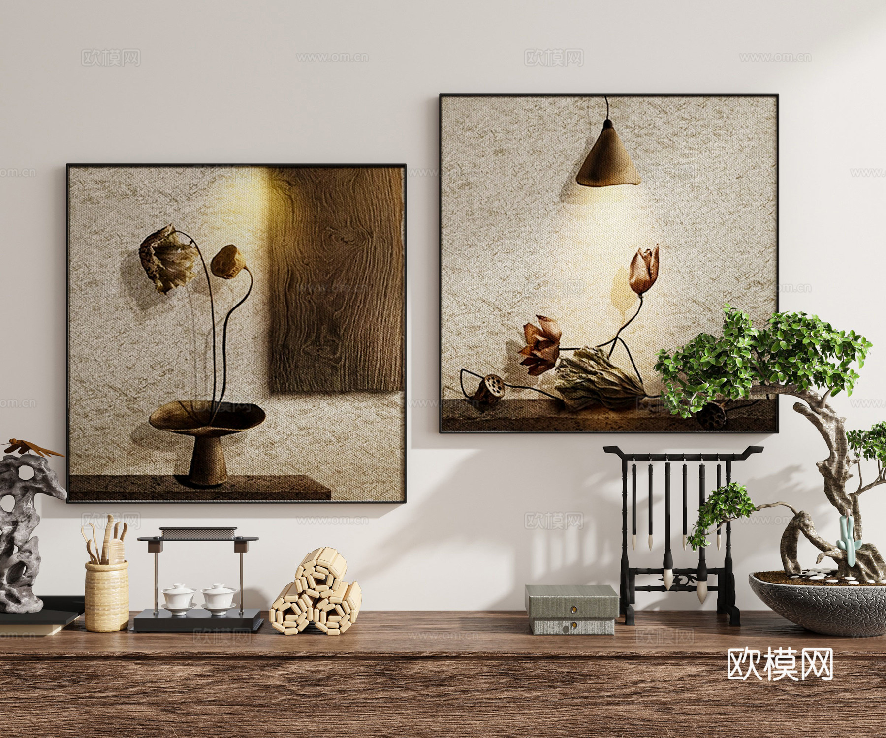 现代新中式禅意中古风侘寂风挂画墙饰装饰画组合陈设品绿植3d模型