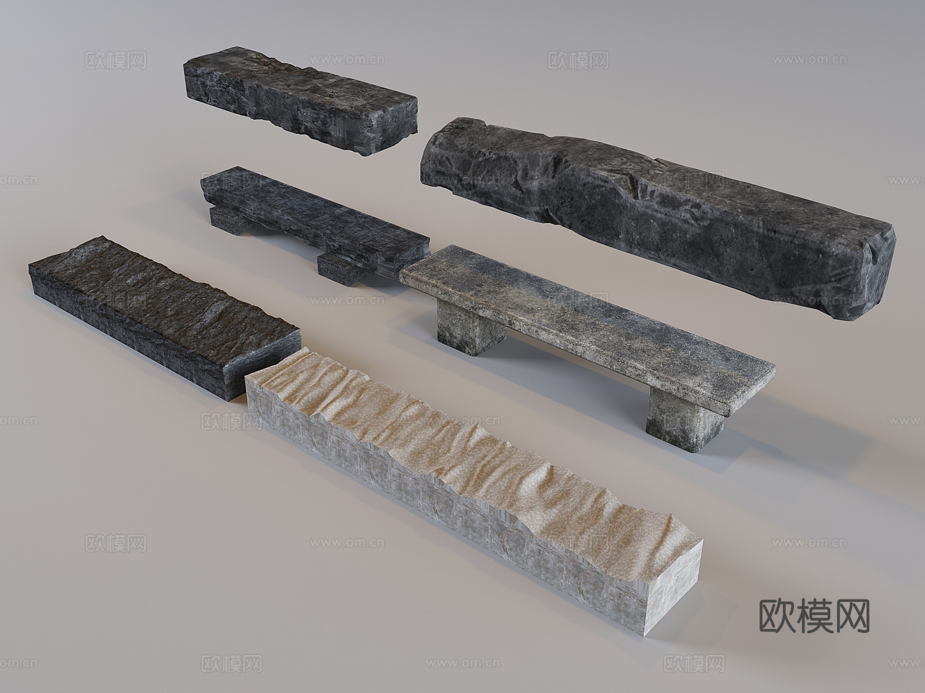 现代石头石块条石 景石方石石墩石凳3d模型