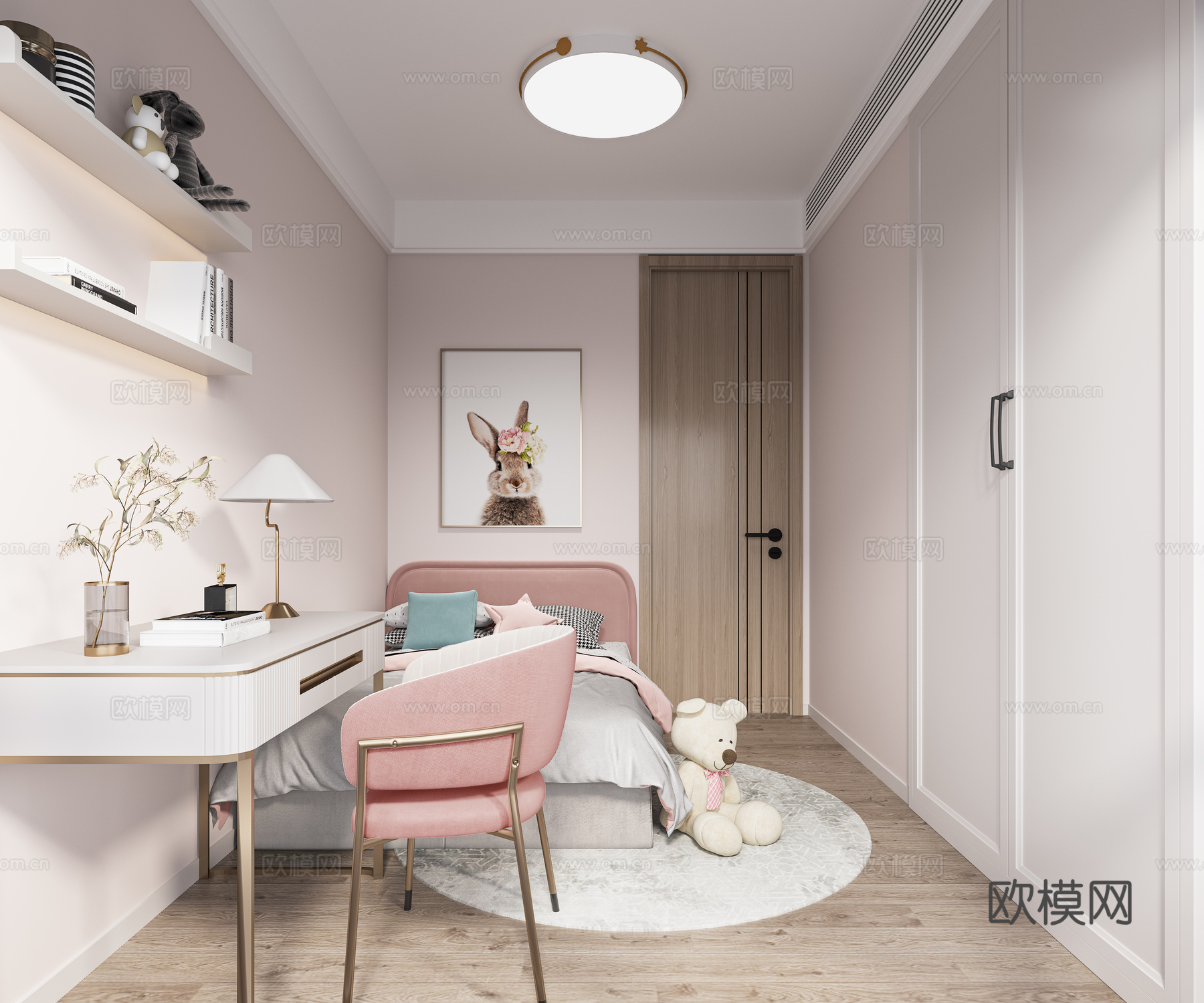 现代女孩房 桌椅组合 有主灯 儿童衣柜 挂画3d模型
