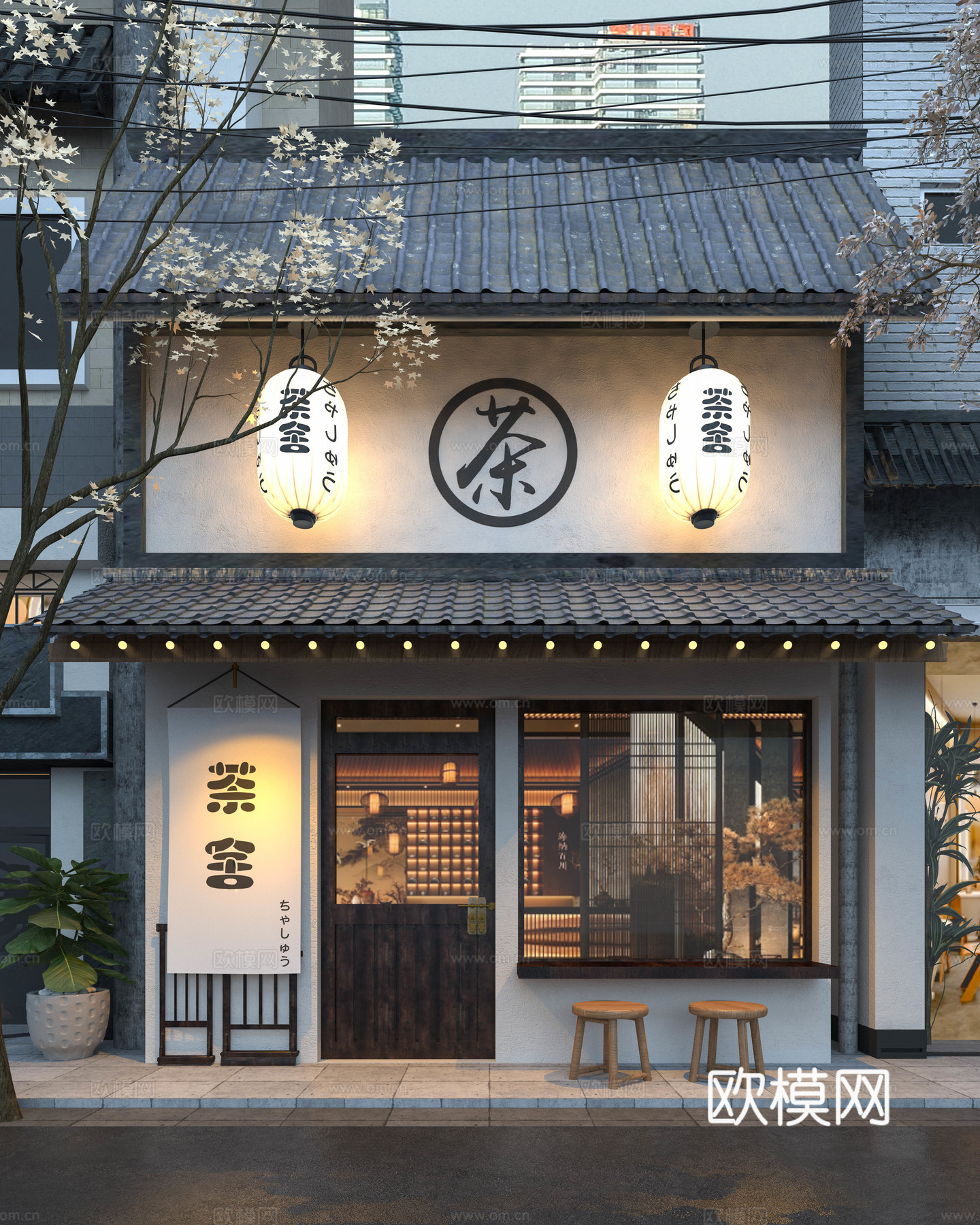 日式门头 餐饮门头 茶馆门头 玻璃门 灯箱 户外灯笼su模型