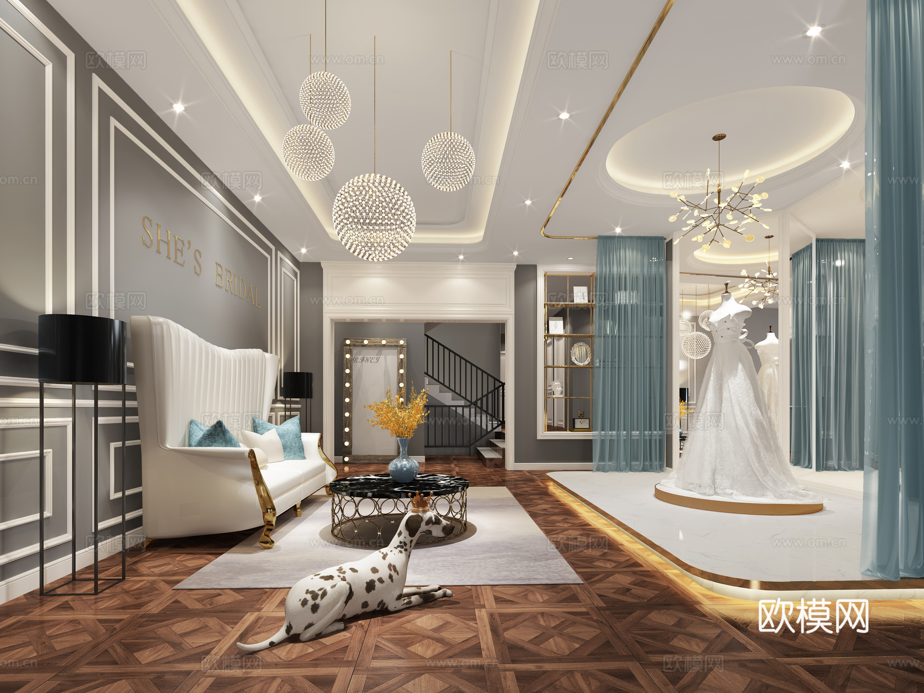 北欧婚纱摄影楼 吊灯 奢华沙发 婚纱 模特 斑点狗3d模型