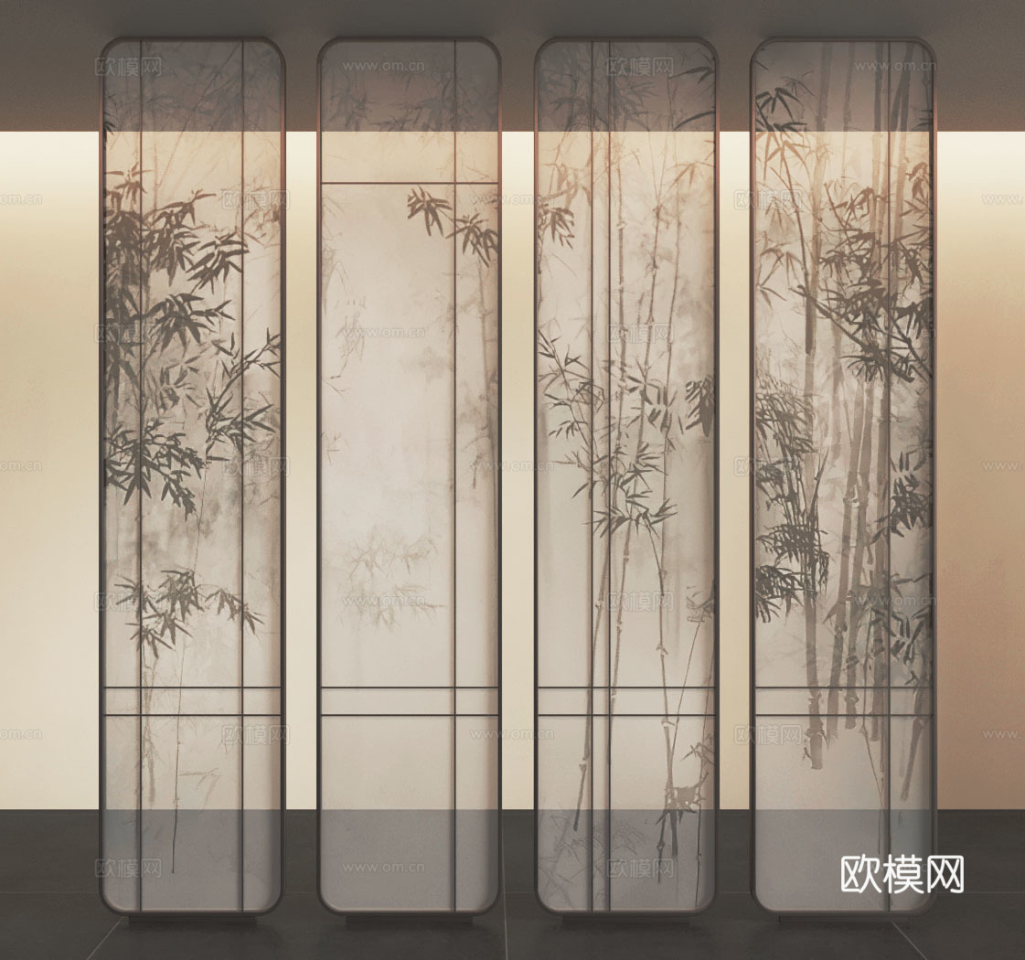 侘寂中古玻璃隔断竹子su模型