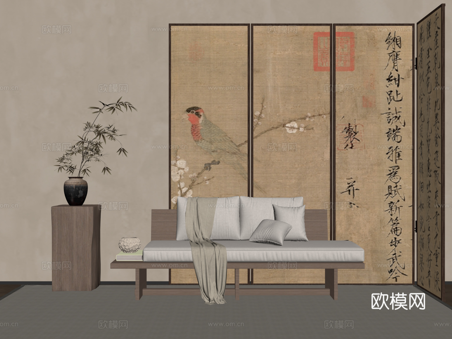 屏风 新中式屏风隔断 沙发凳 花瓶su模型
