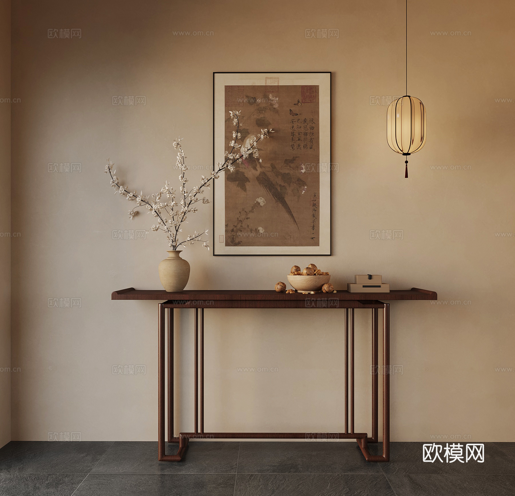 新中式条案 端景柜 吊灯 装饰画 饰品su模型
