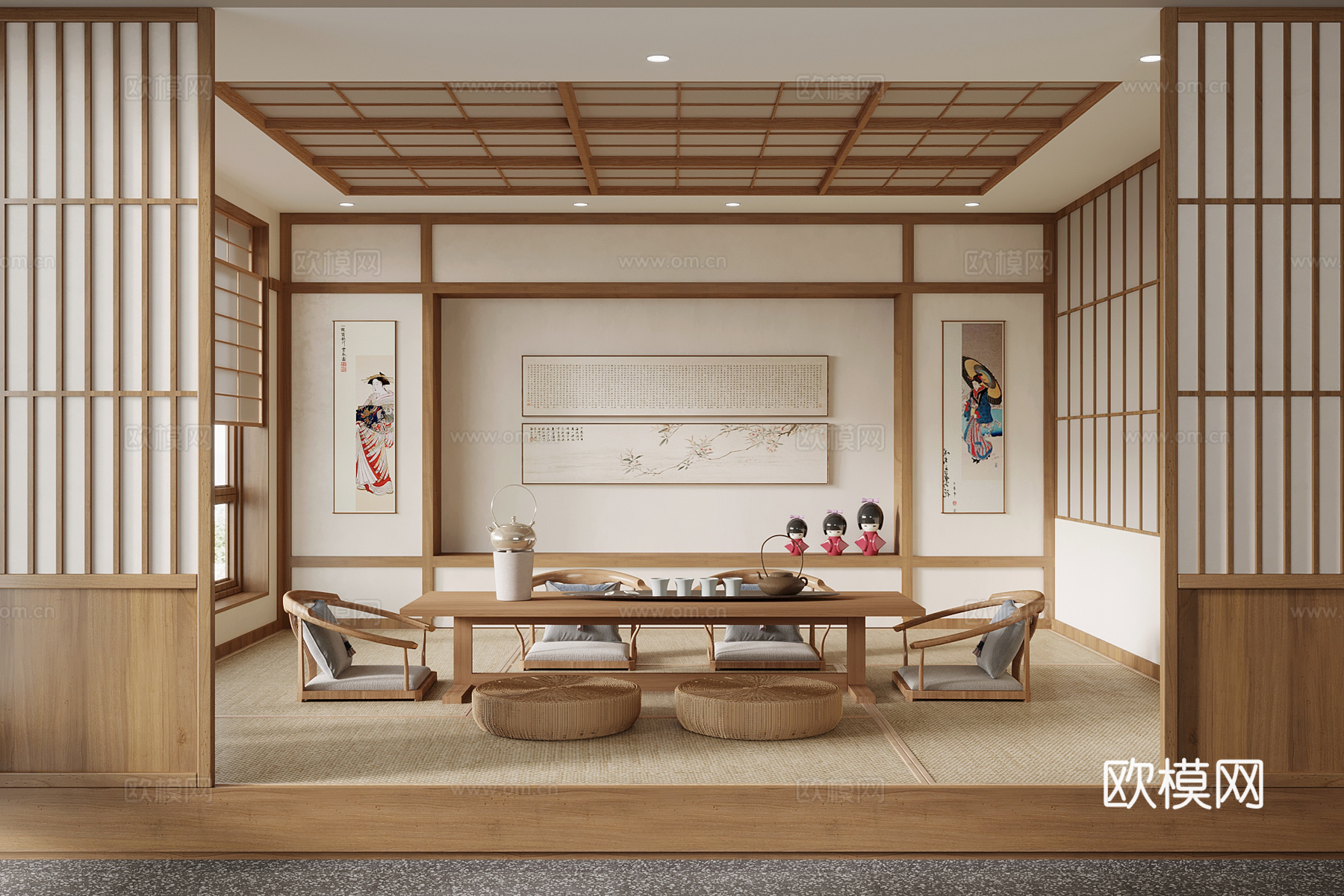 茶室 日式茶室 茶桌椅 装饰挂画3d模型