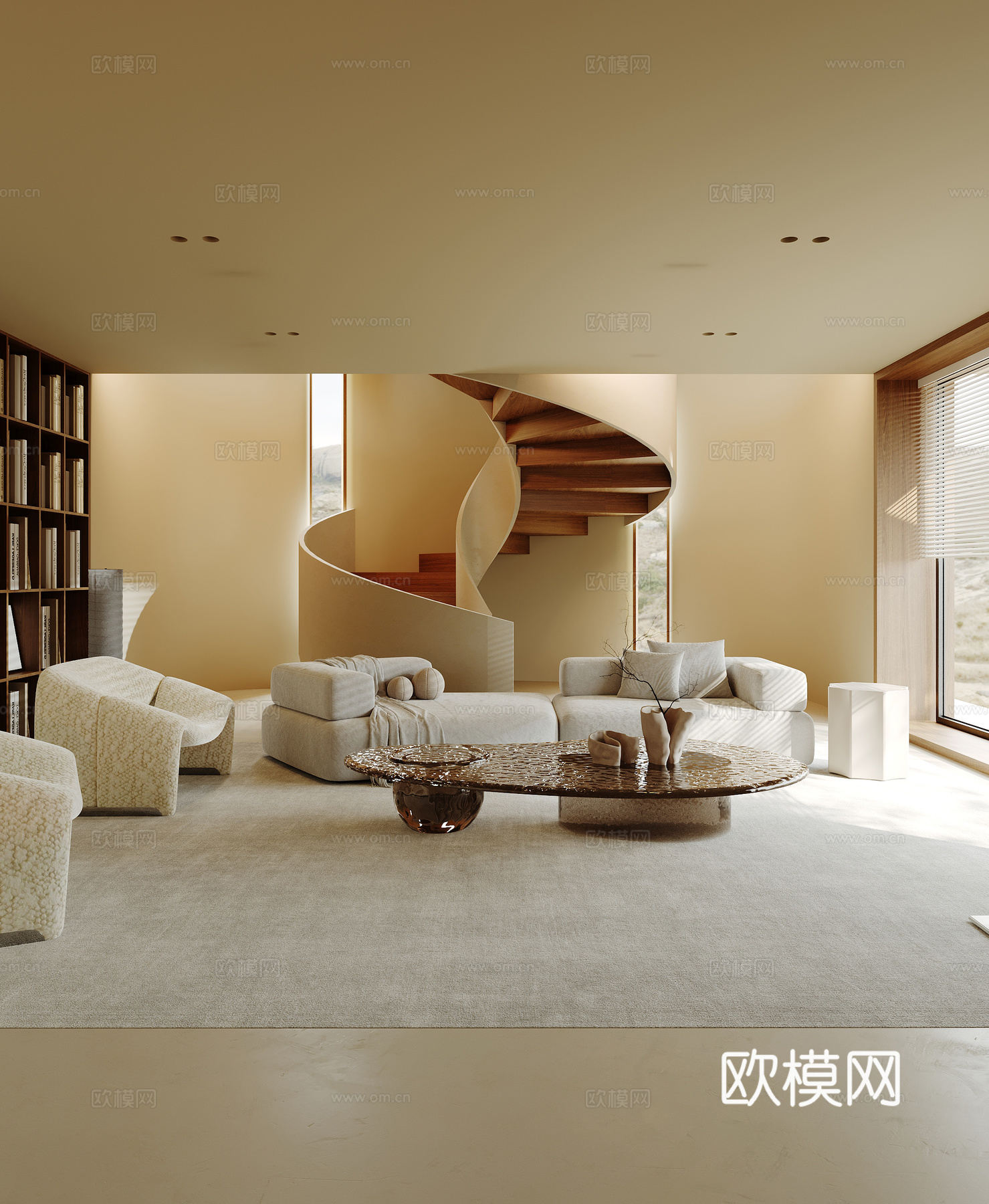 现代海派轻奢风客厅 旋转楼梯 去客厅化 书柜 西厨餐厅su模型