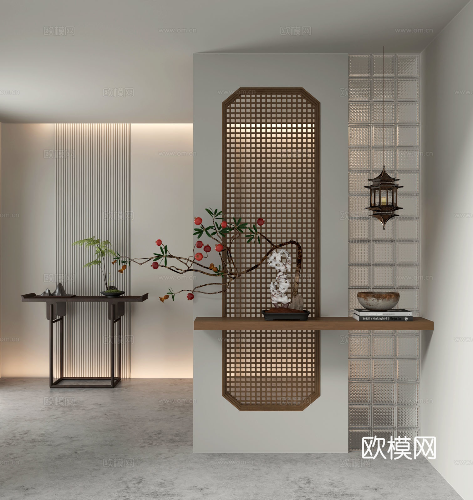 新中式花格玻璃砖隔断条几su模型