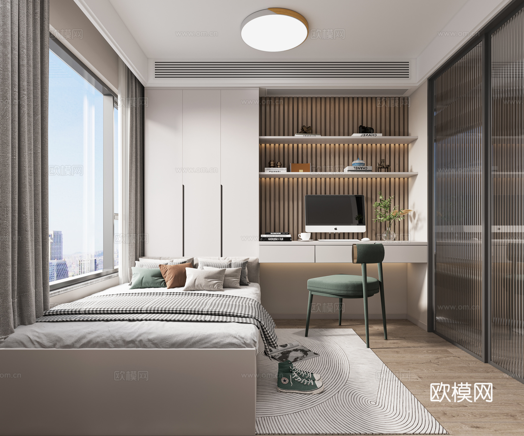 榻榻米房 有主灯 装饰摆件 飘窗 玻璃门3d模型