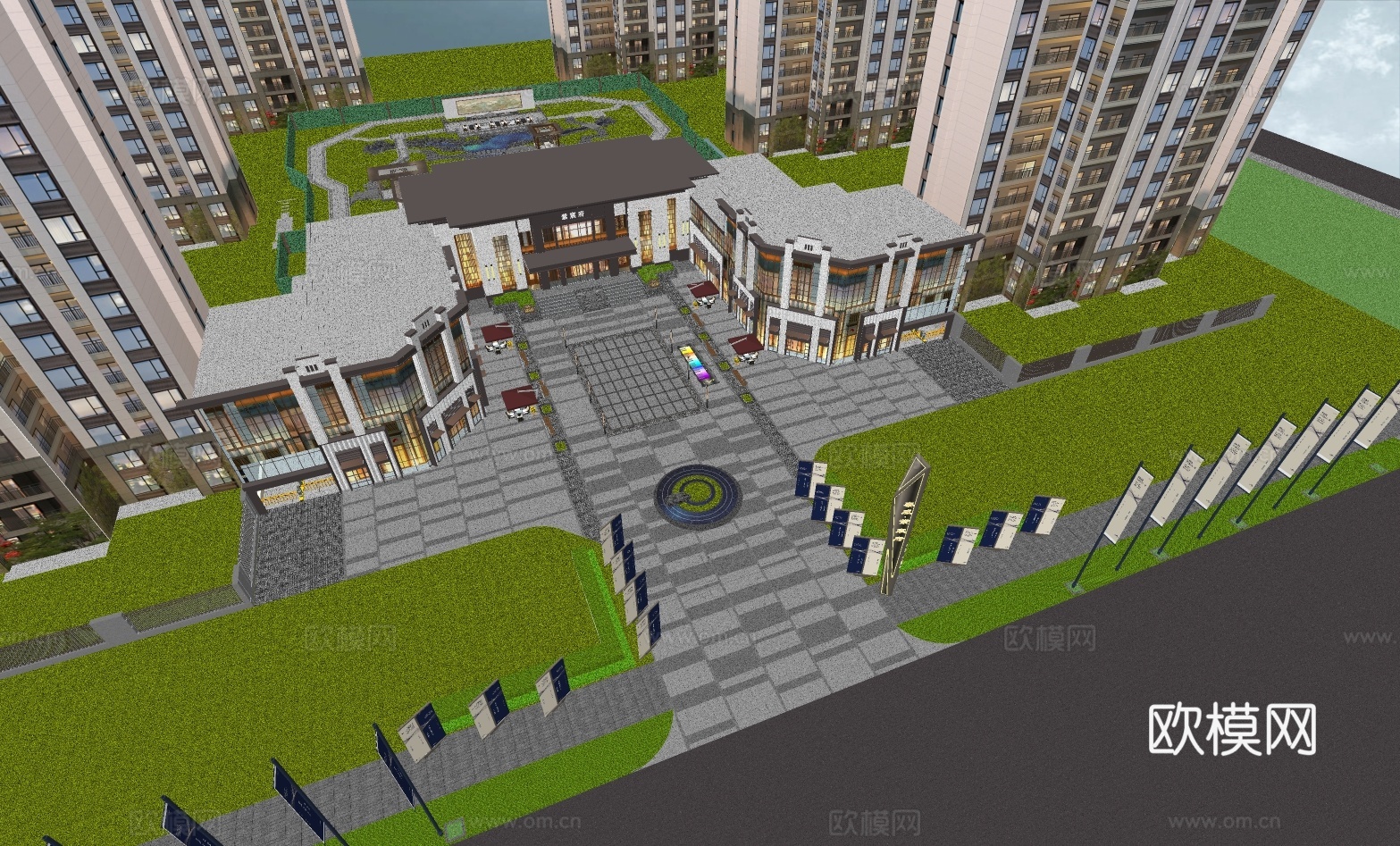 现代住宅区居住景观，中式庭院su模型
