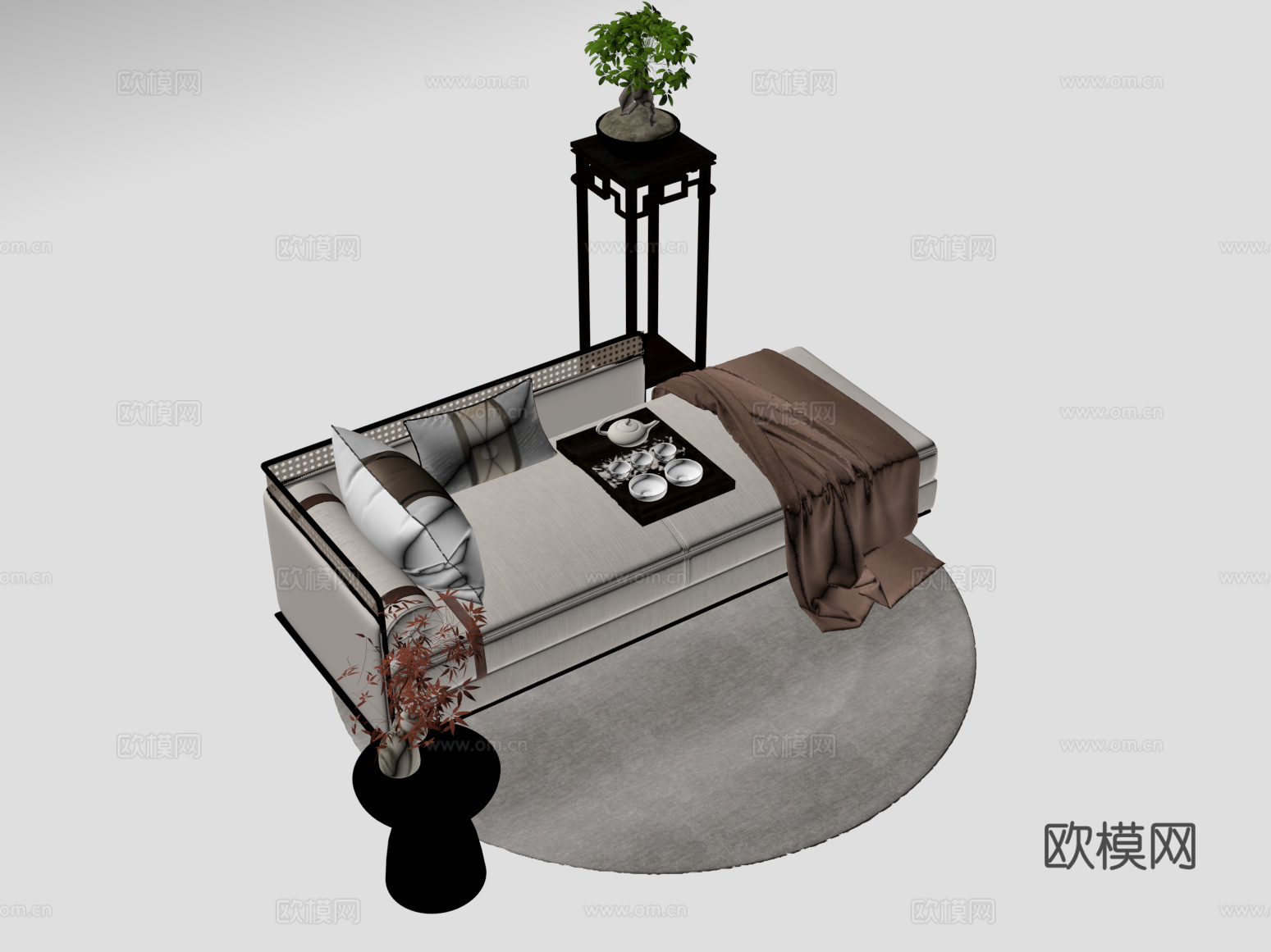 新中式贵妃椅 沙发凳su模型