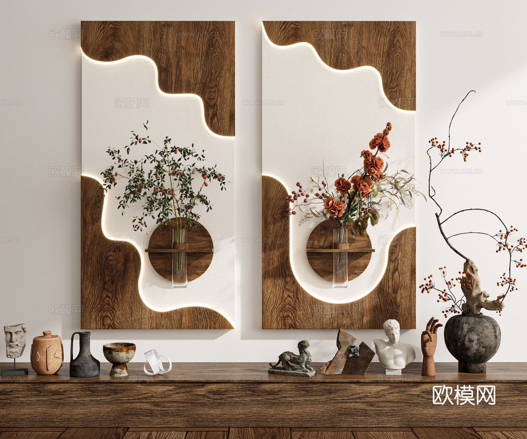 现代复古侘寂中古风新中式禅意挂画墙饰装饰画组合陈设品绿植3d模型
