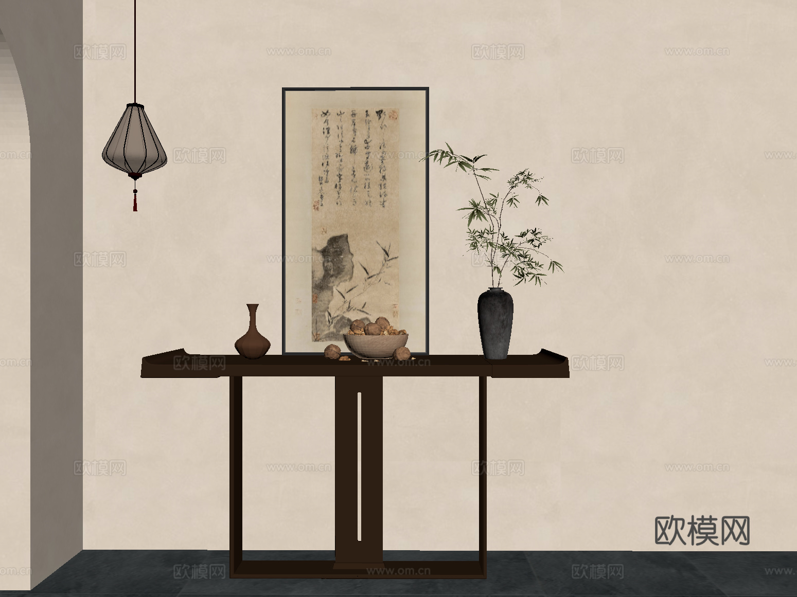 新中式条案 端景柜 吊灯 装饰画 饰品su模型