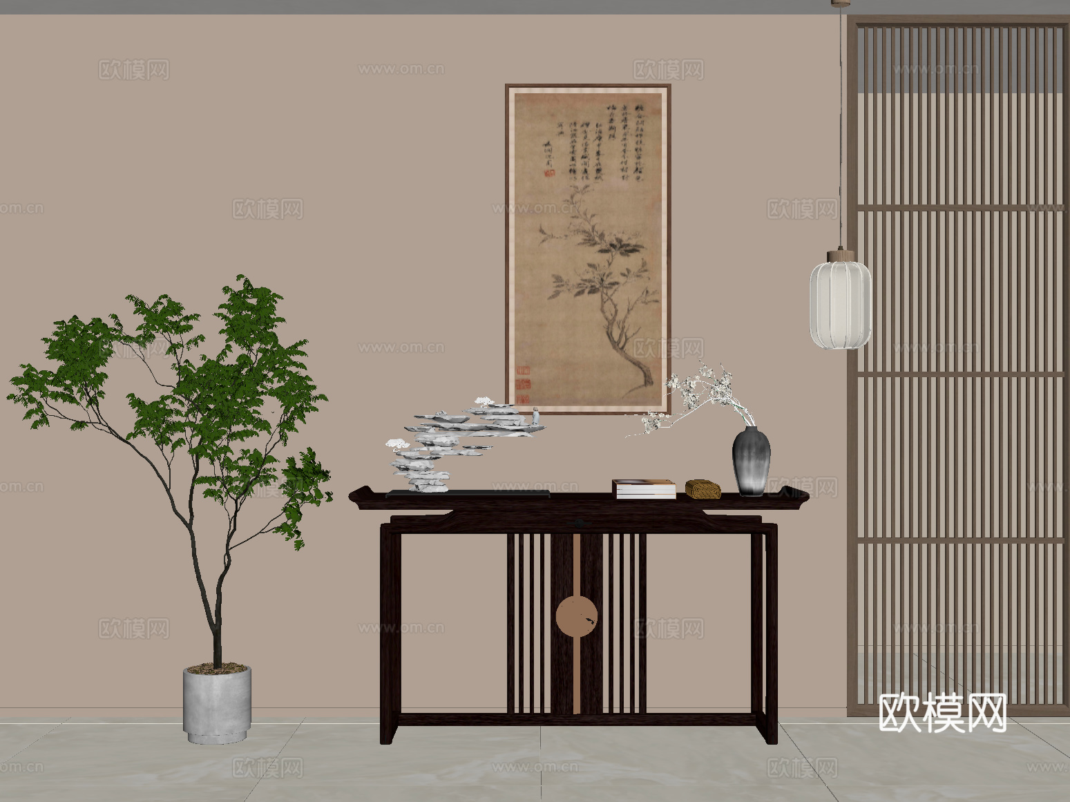 玄关 新中式玄关柜 端景柜 玄关柜su模型