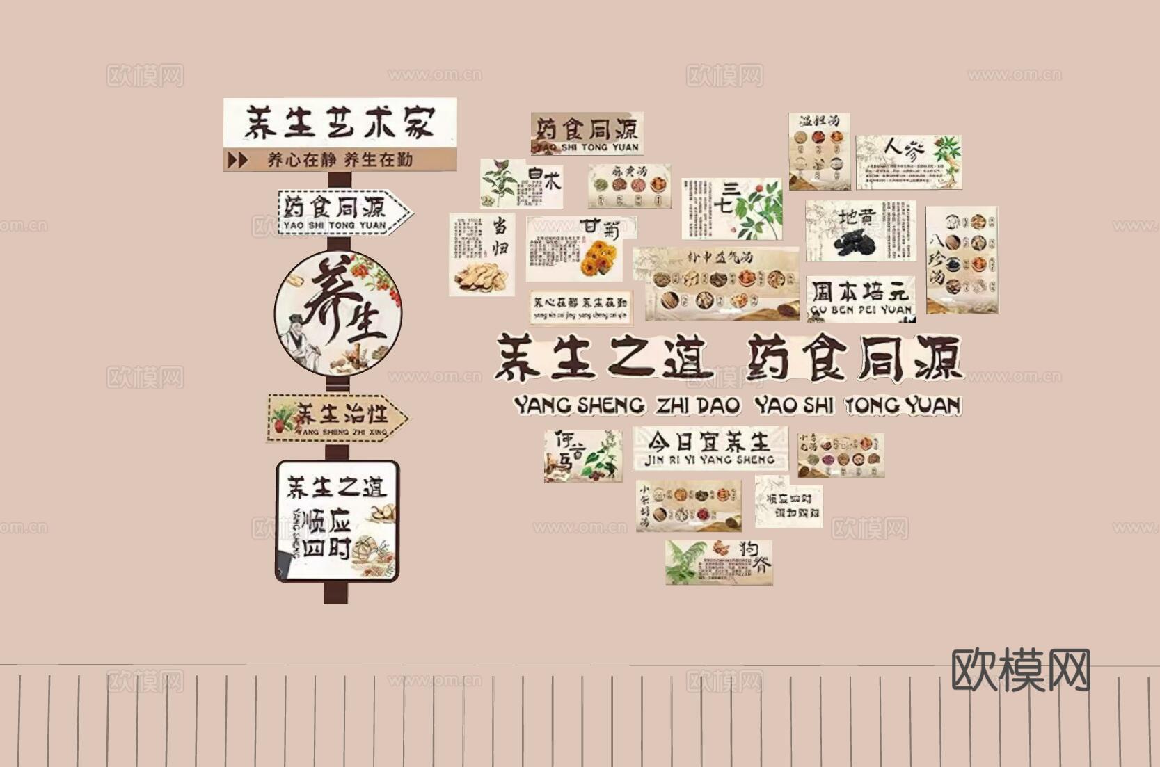 现代文化墙 医院文化墙 中医养生文化墙su模型