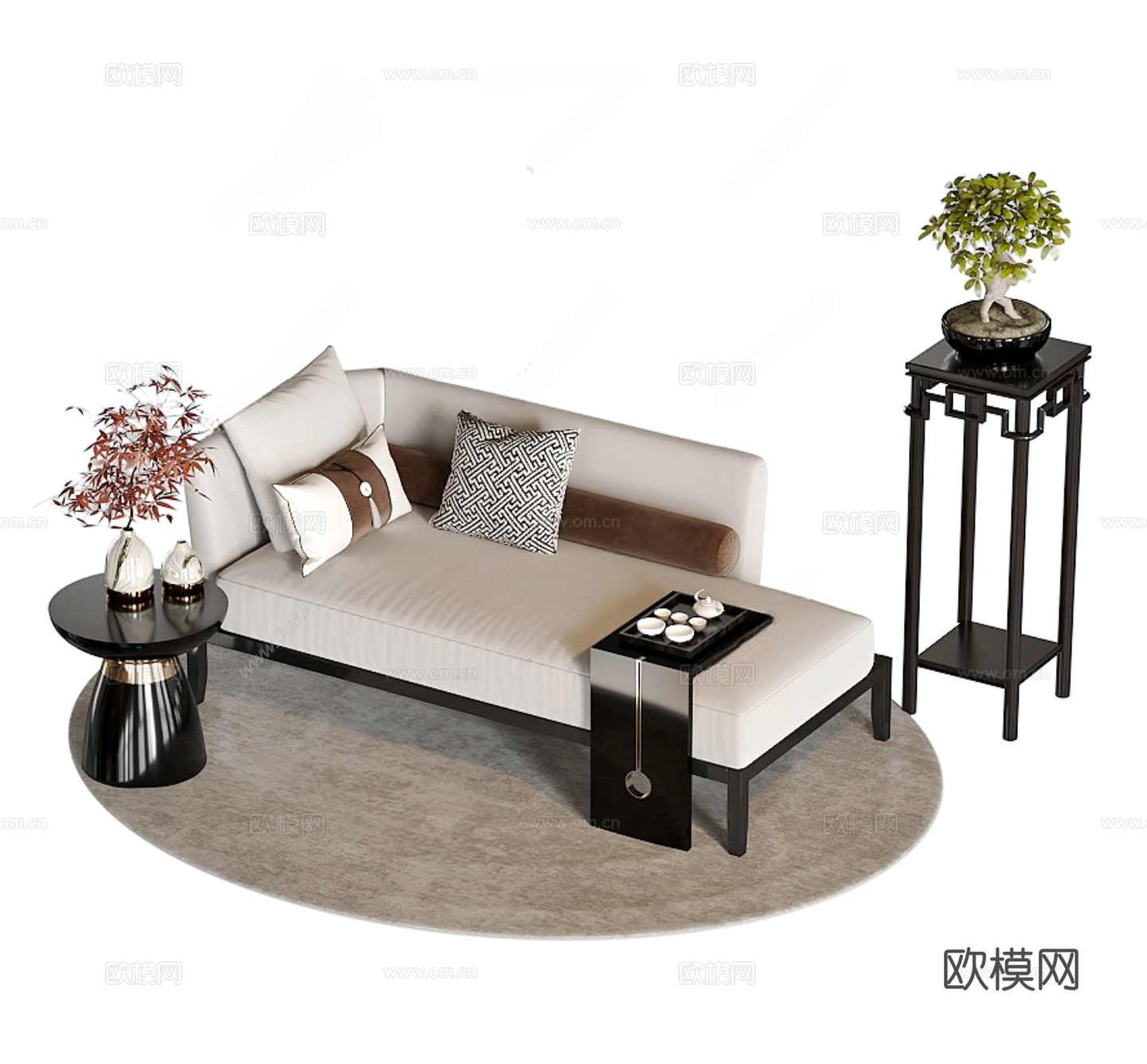 新中式贵妃椅 沙发凳3d模型
