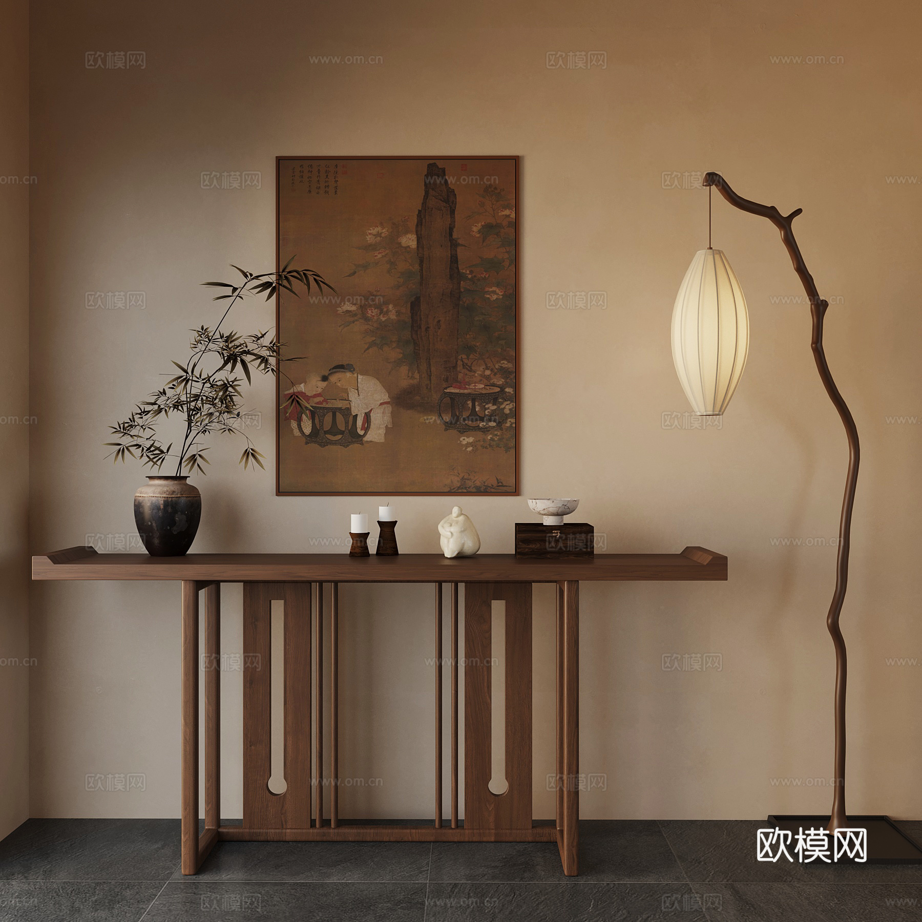 新中式条案 端景柜 吊灯 装饰画 饰品3d模型