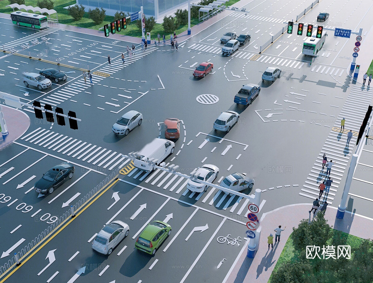 现代道路 十字路口 交通设施 城市道路交通su模型
