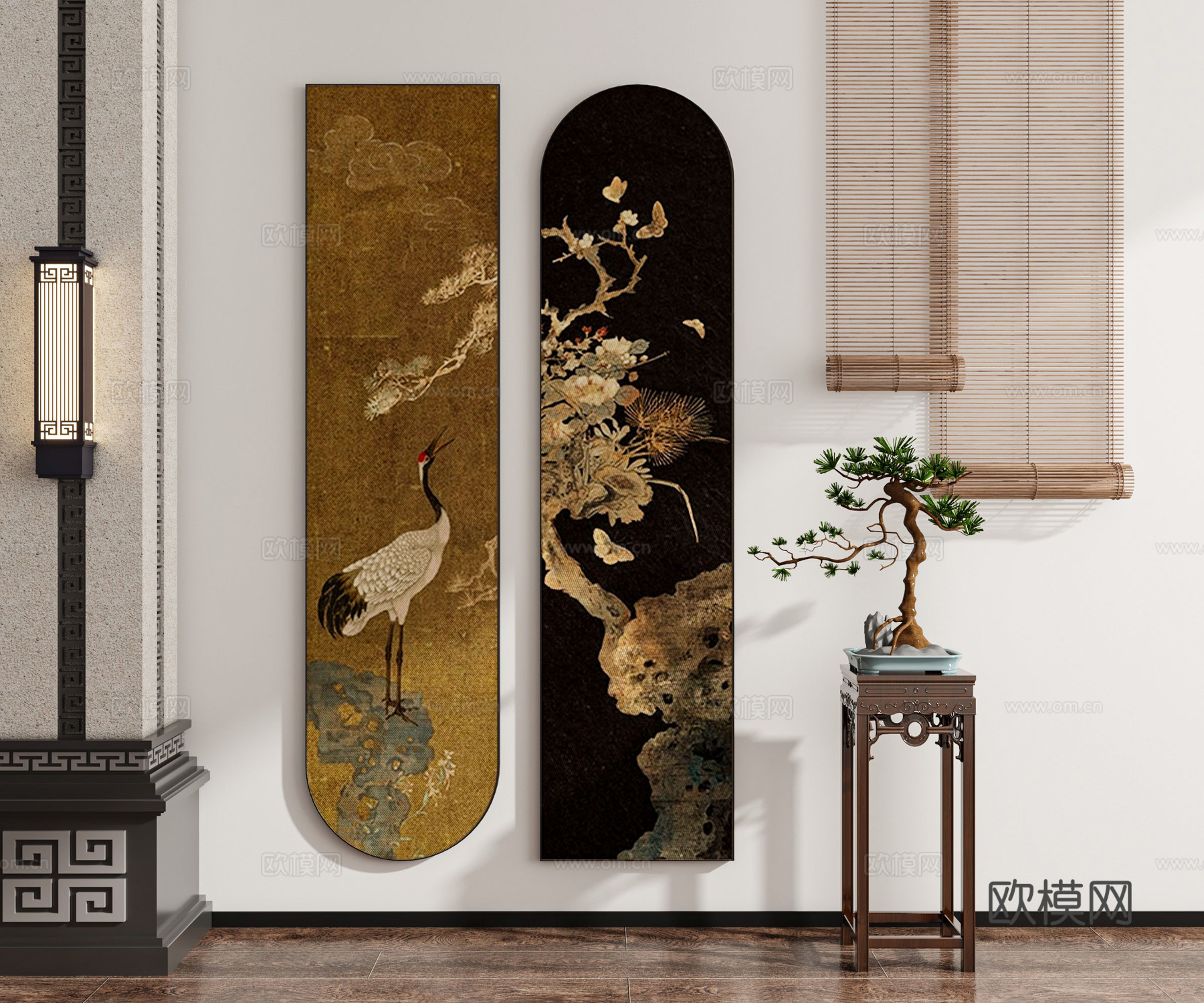 现代新中式禅意中古风侘寂风挂画墙饰装饰画组合陈设品绿植3d模型
