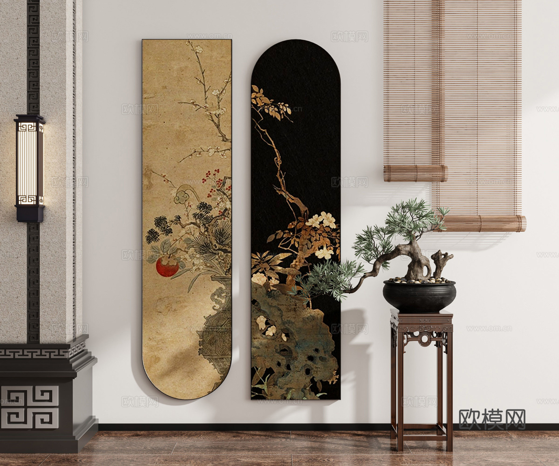 现代新中式禅意中古风侘寂风挂画墙饰装饰画组合陈设品绿植3d模型
