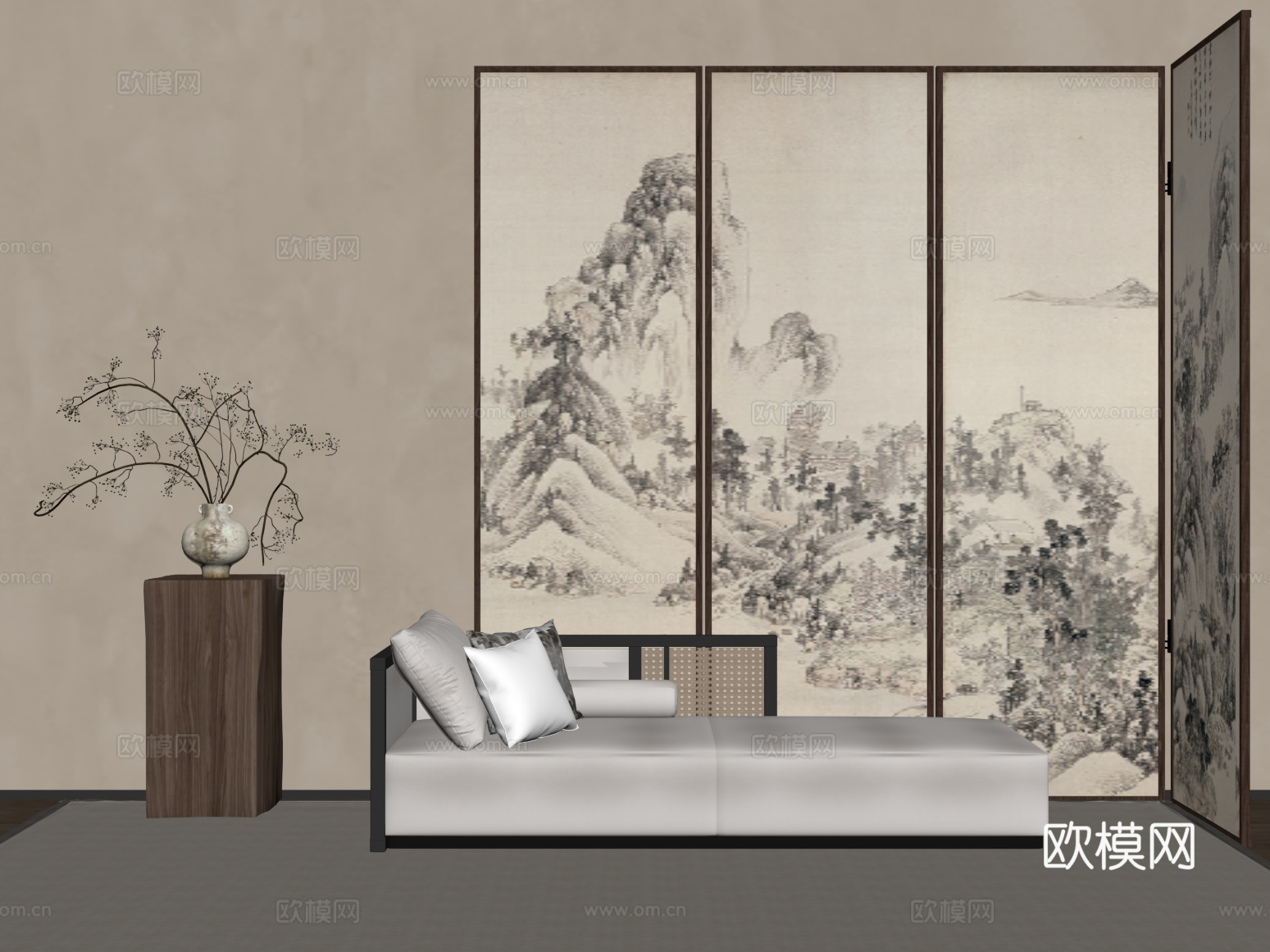 屏风 新中式屏风隔断 沙发凳 花瓶su模型