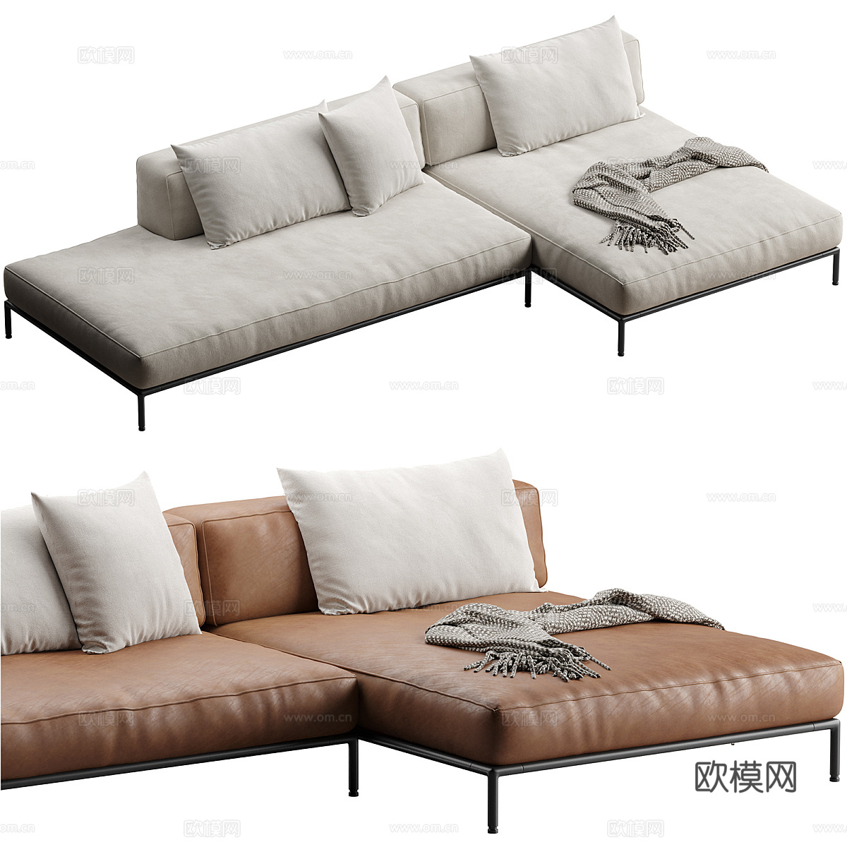 现代意式柔性布艺皮革转角沙发3d模型