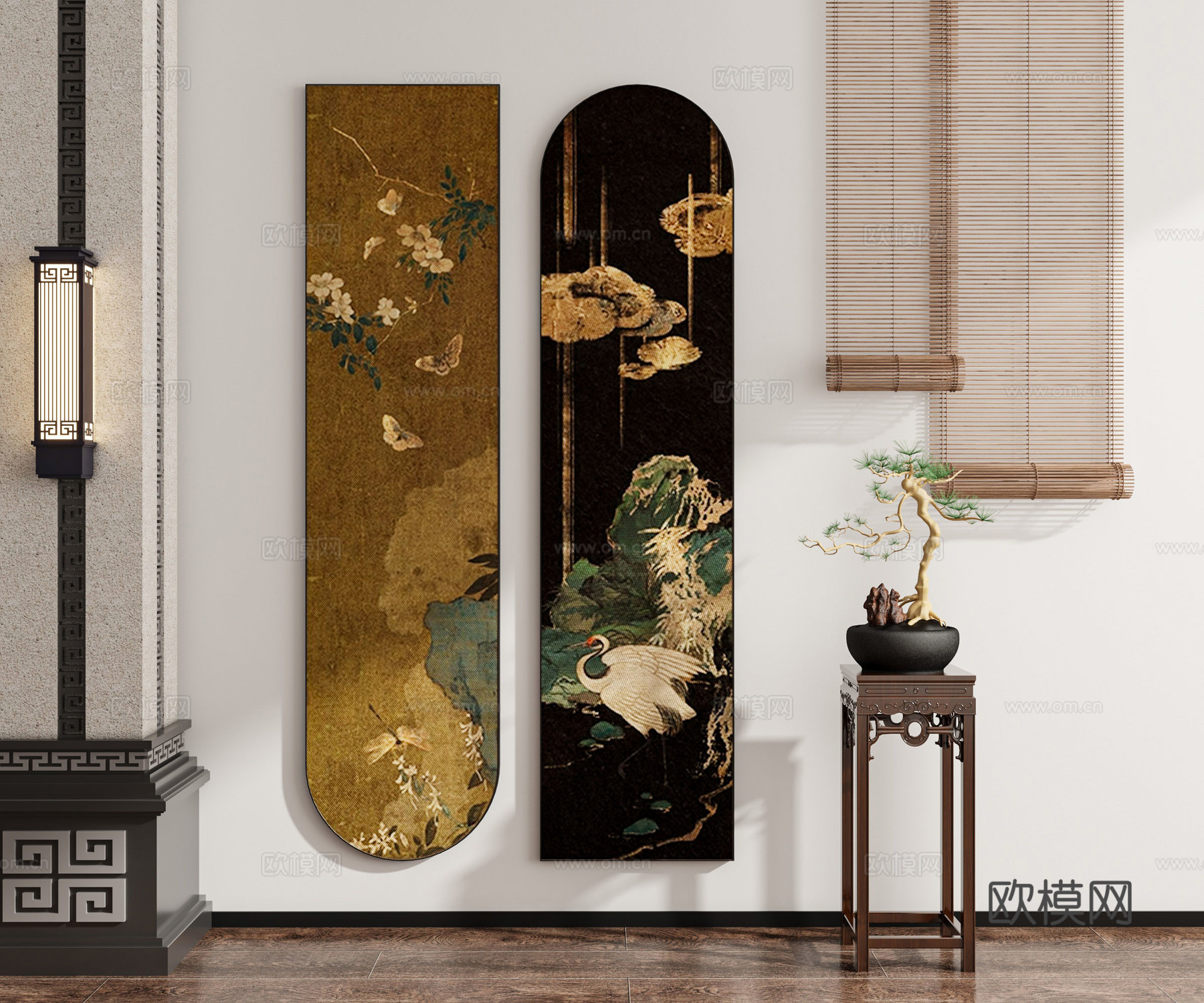 现代新中式禅意中古风侘寂风挂画墙饰装饰画组合陈设品绿植3d模型