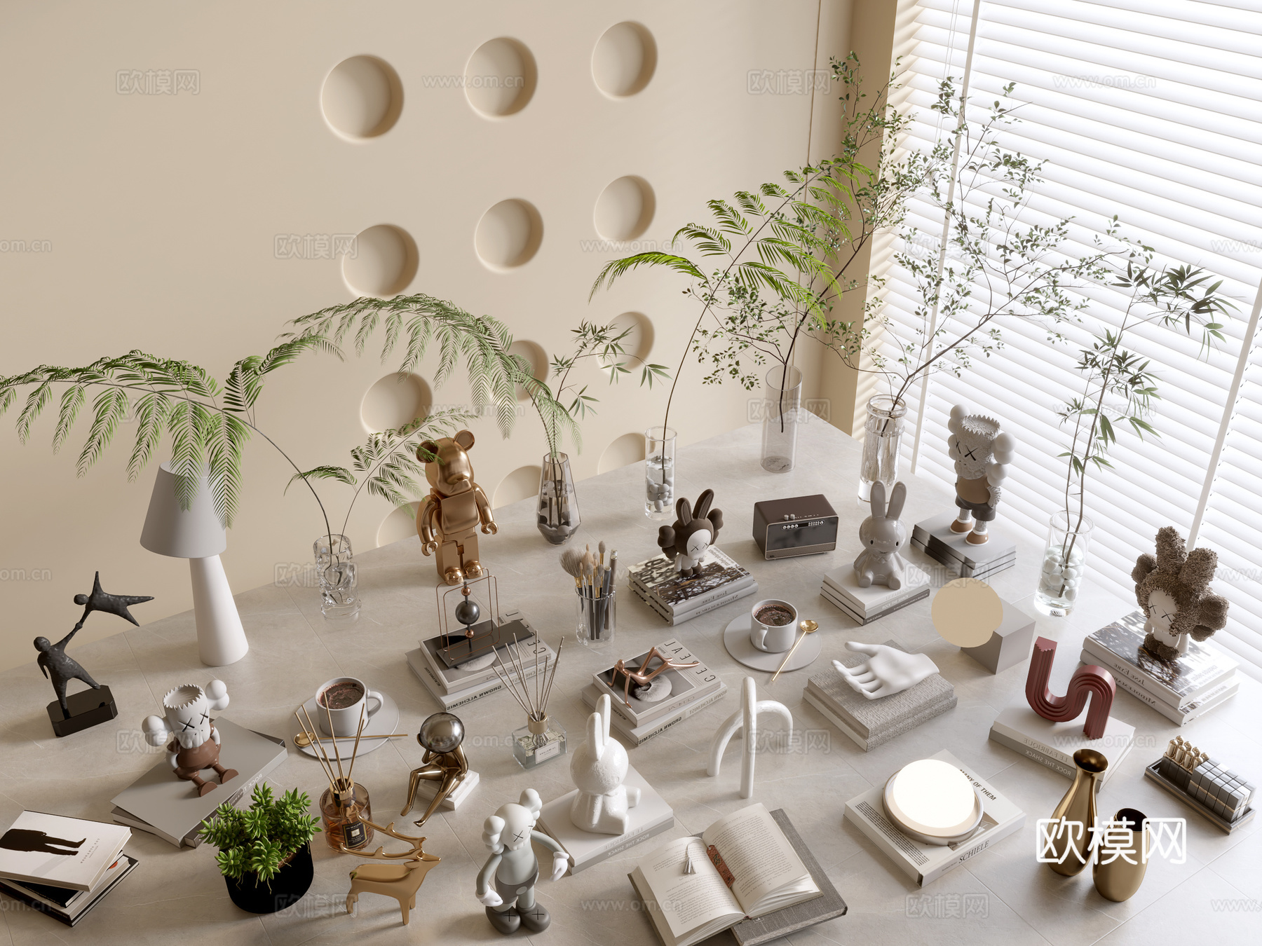 现代摆件组合 花瓶 植物 书本 雕塑 摆件3d模型
