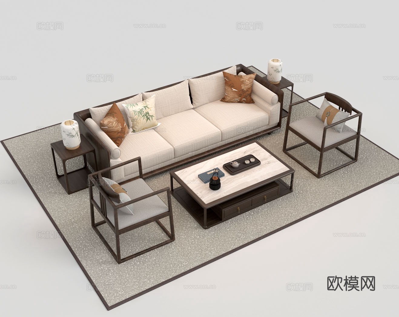 新中式沙发茶几边几台灯3d模型