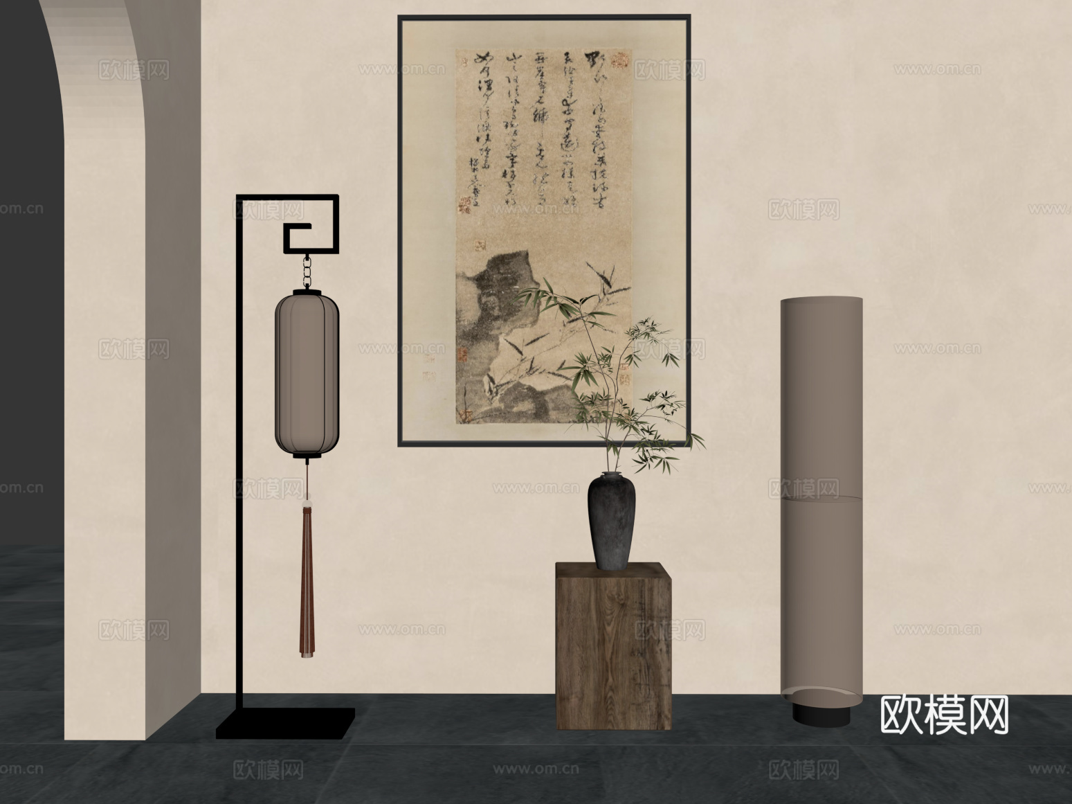 落地灯 新中式落地灯 装饰画 花瓶摆件su模型