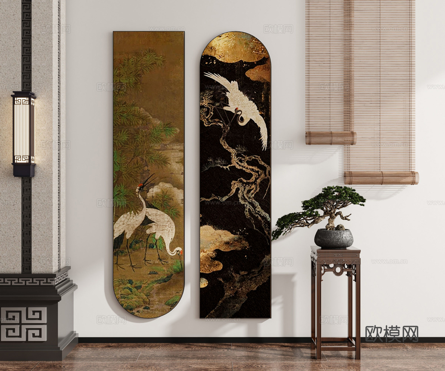 现代新中式禅意中古风侘寂风挂画墙饰装饰画组合陈设品绿植3d模型