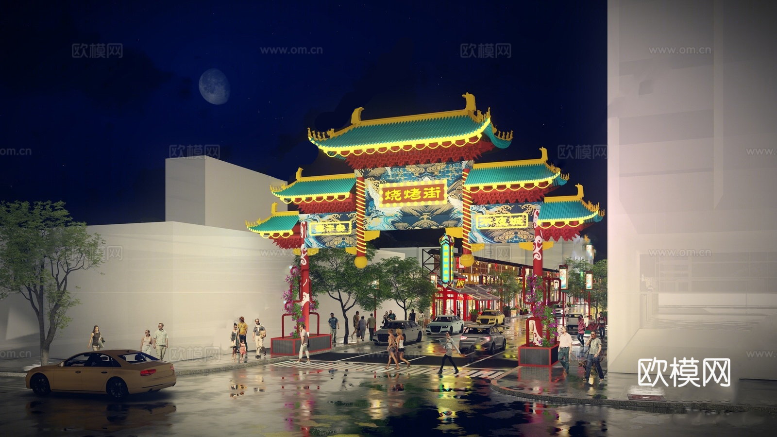 新中式牌坊牌楼 新中式美陈 新中式国潮 小吃街 夜市su模型