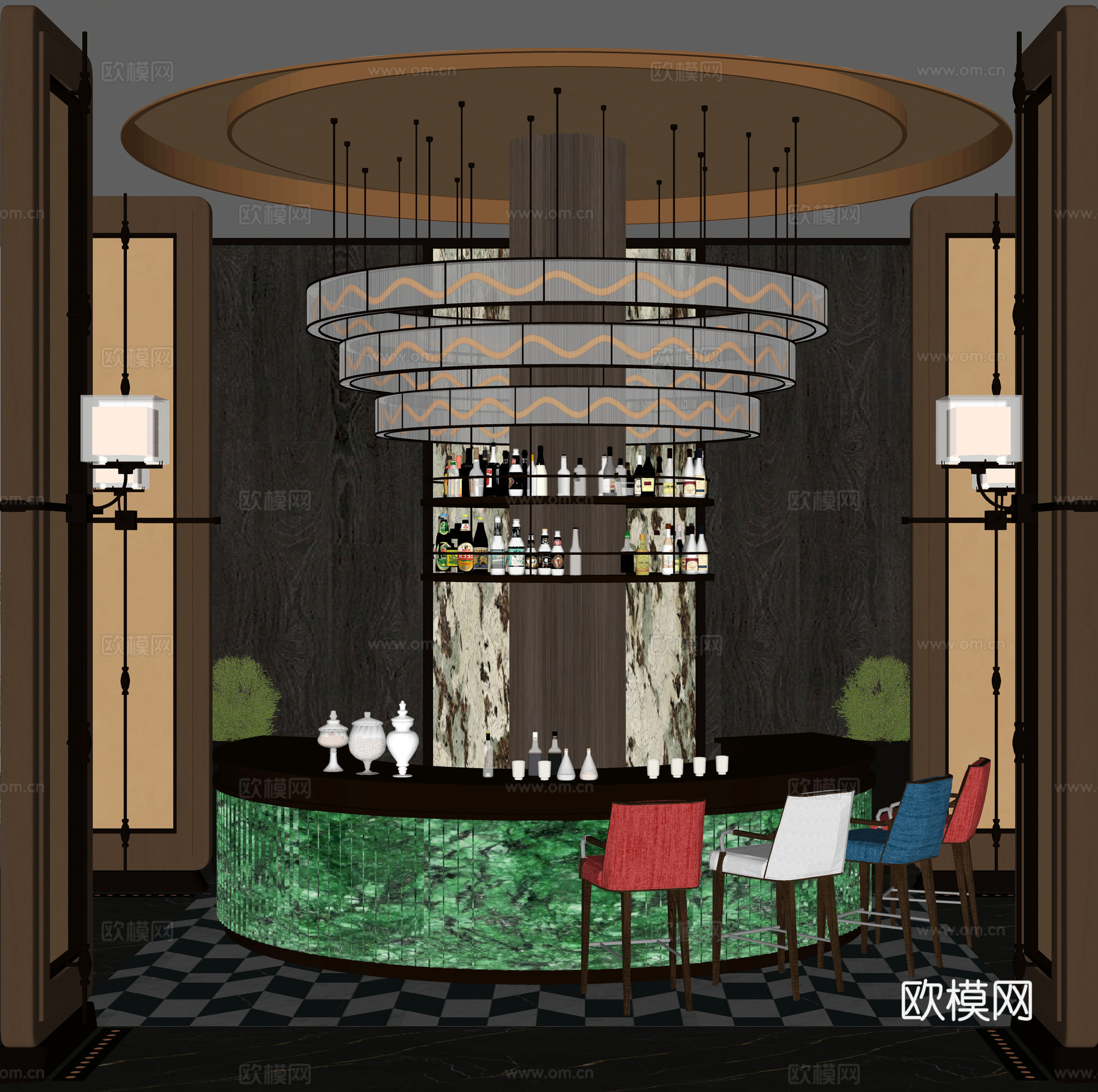 现代酒店大厅吧台吧台 壁灯 吊灯 酒瓶 休闲高脚凳  盆栽su模型