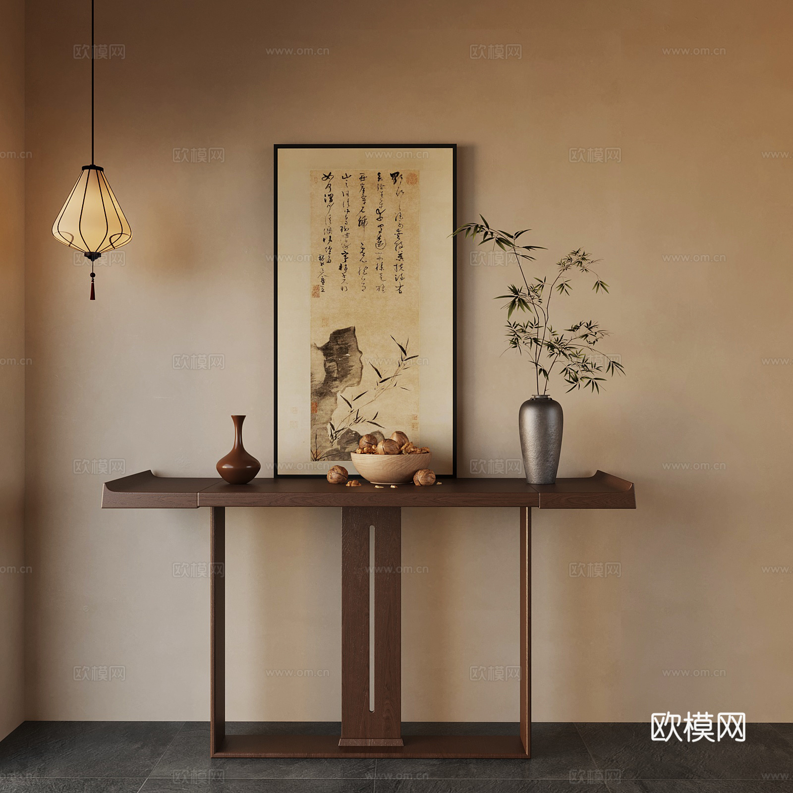 新中式条案 端景柜 吊灯 装饰画 饰品su模型