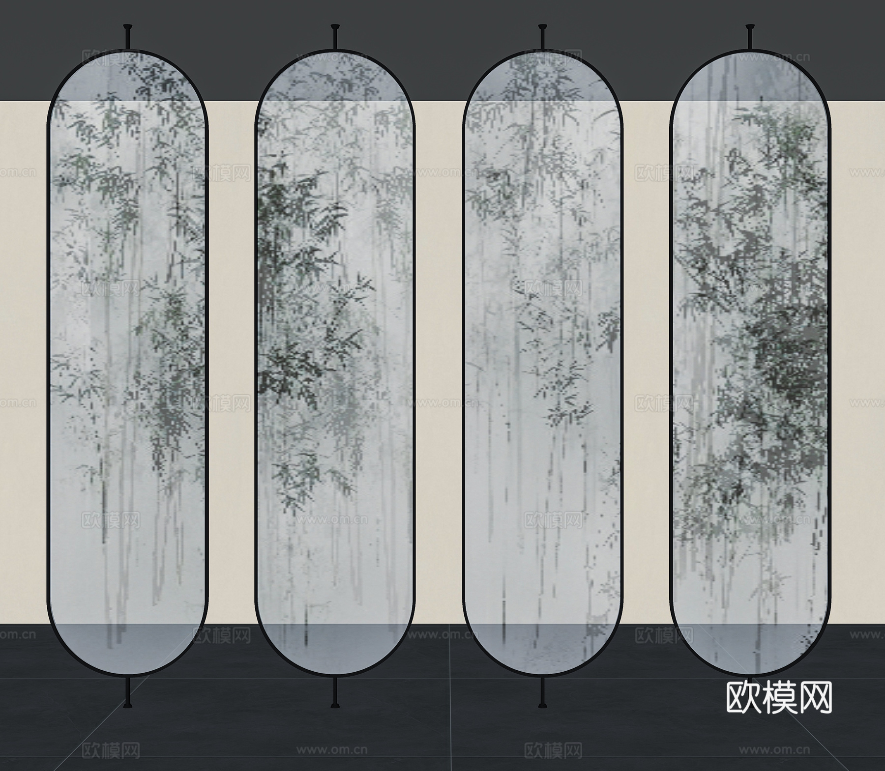 侘寂中古玻璃隔断竹子su模型
