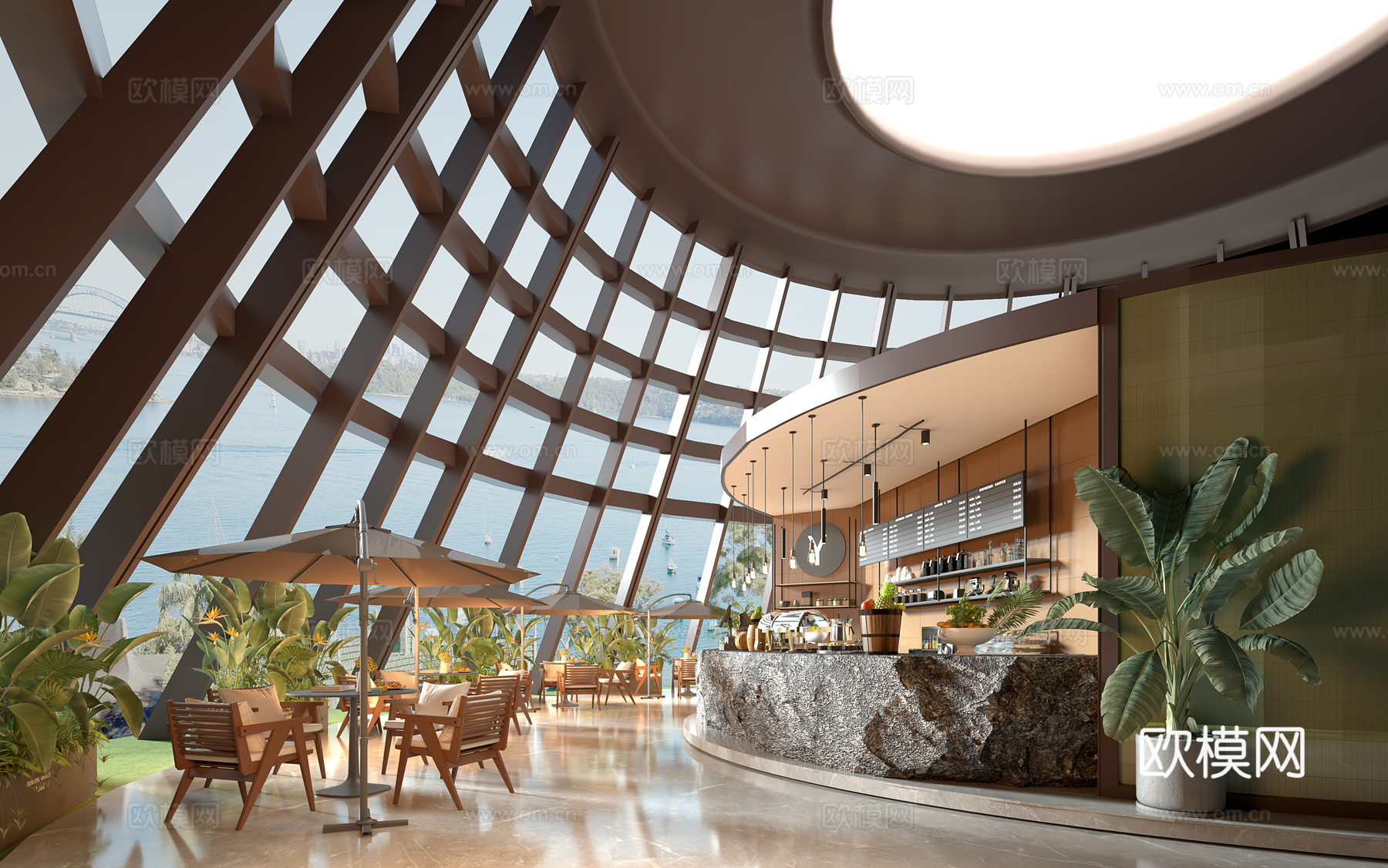 现代咖啡厅，水吧台，度假酒店休闲大厅3d模型