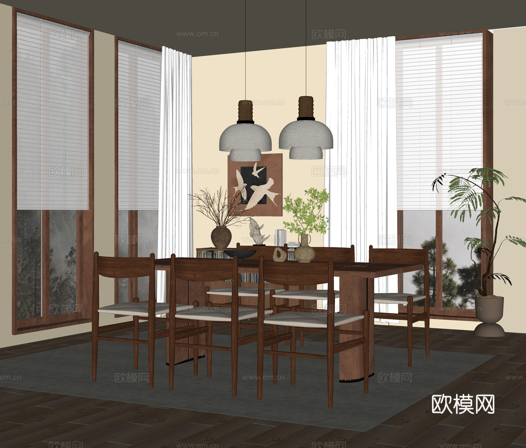 现代餐厅 餐桌椅 餐椅 床头吊灯su模型