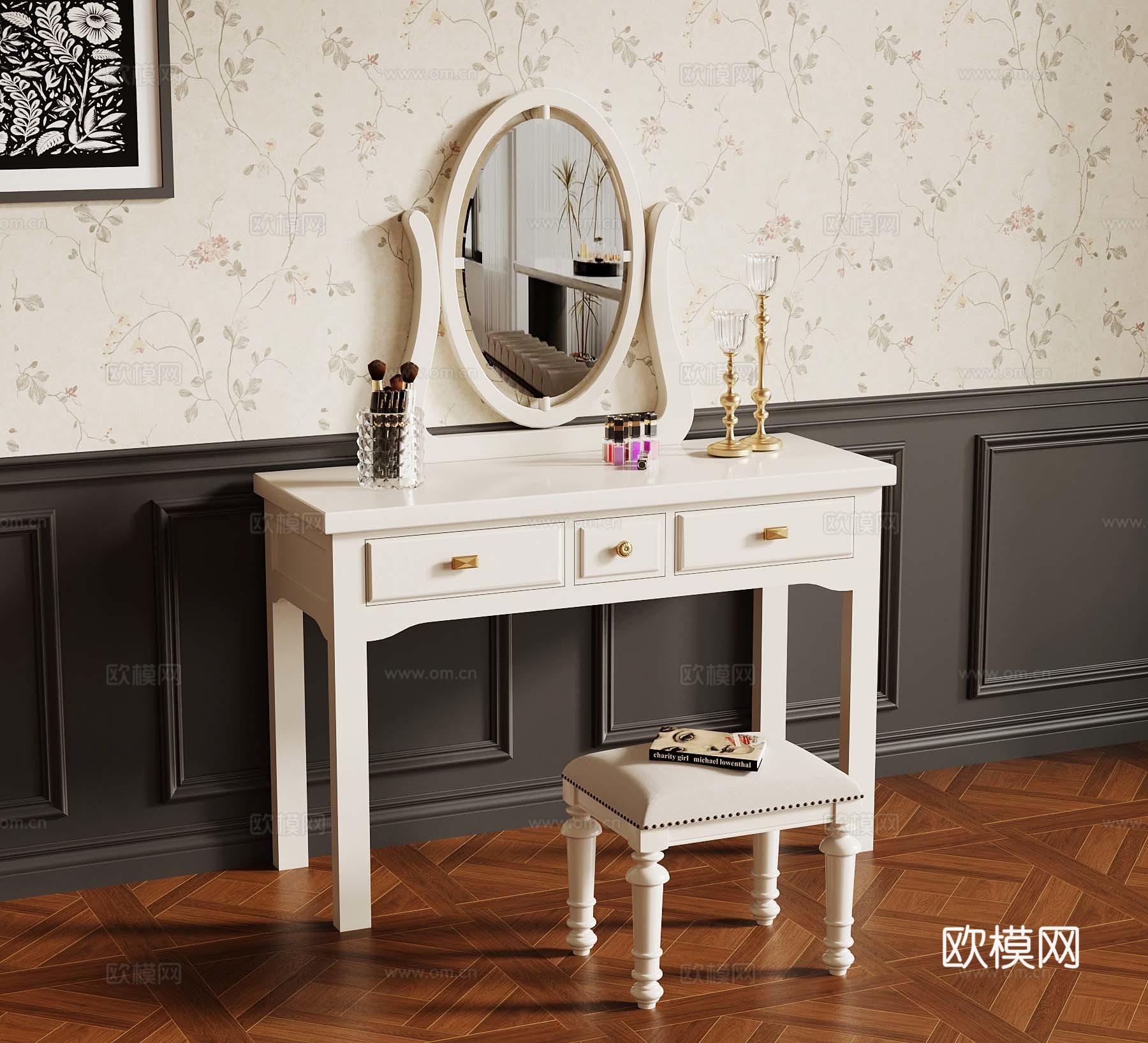 法式梳妆台 梳妆凳 化妆台3d模型